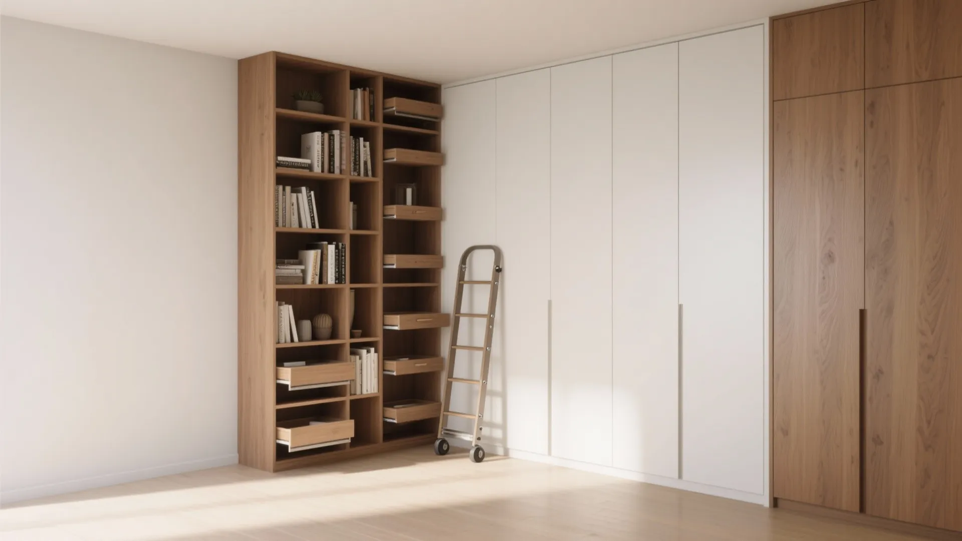 Modern walk-in closet with tall wooden bookshelf and white cabinet storage for a bedroom layout