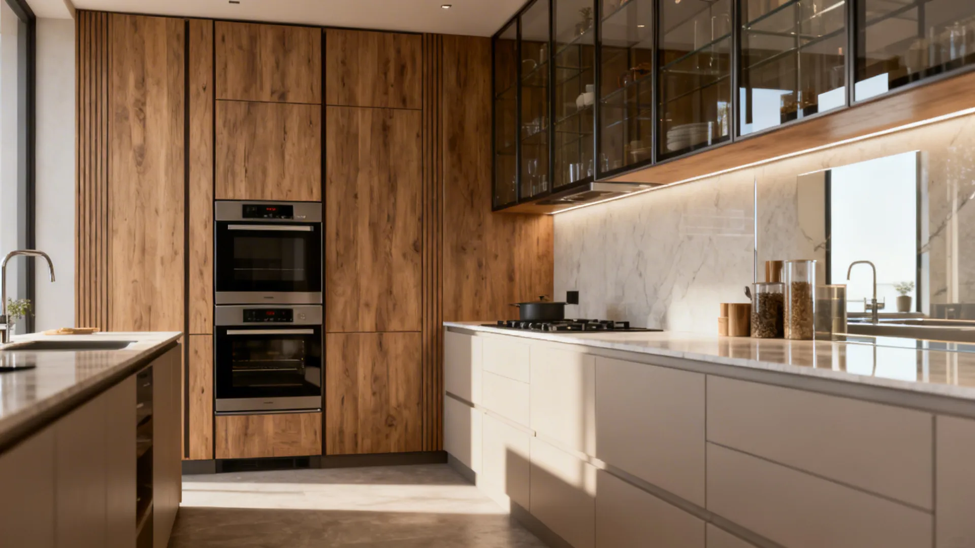 Tall pantry and oven stack anchoring the end of an L-shaped kitchen with glass-front cabinet and reflective backsplash.