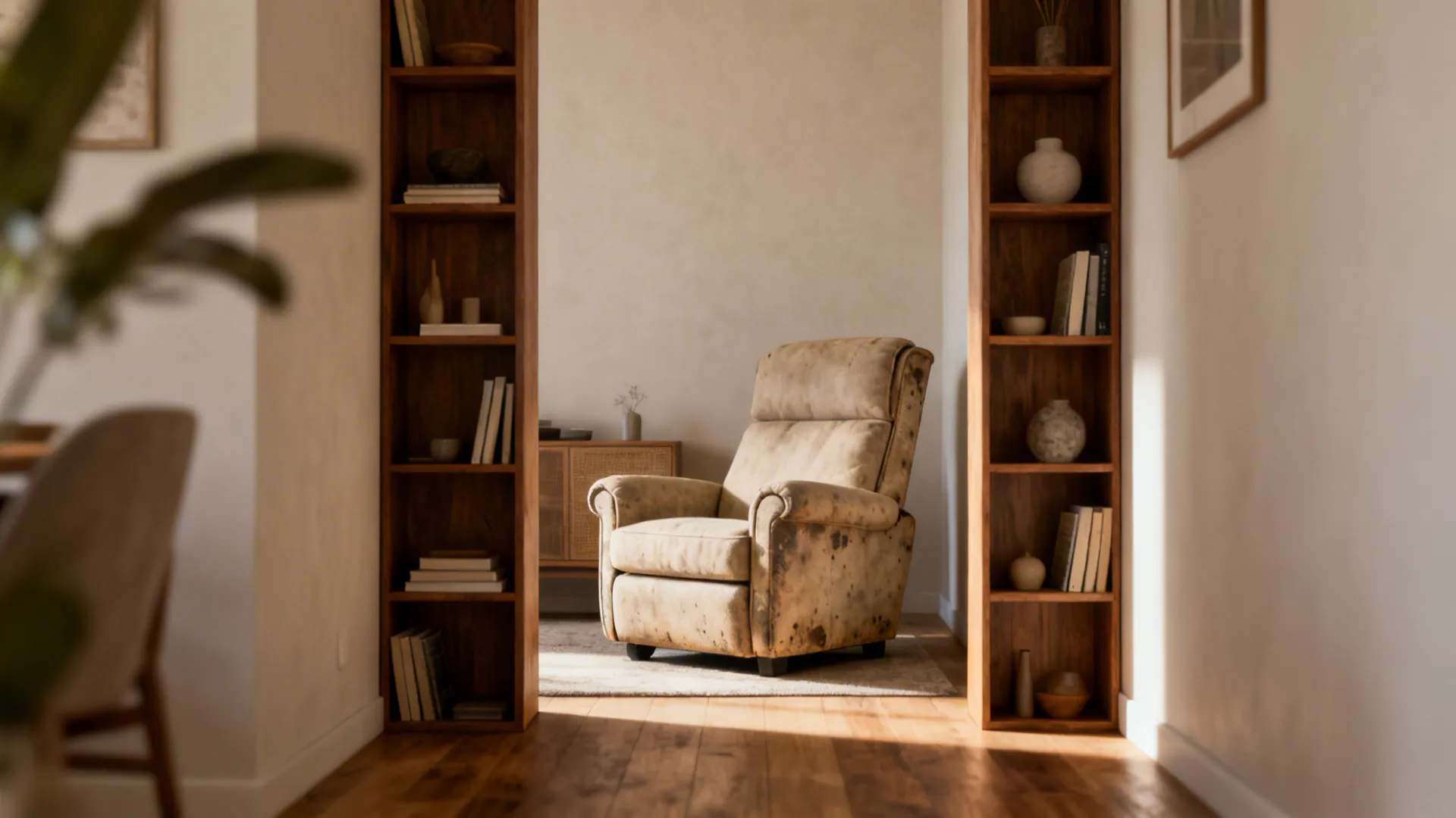 Slim tall bookcases flanking a reclining sofa to balance visual bulk in a small living room