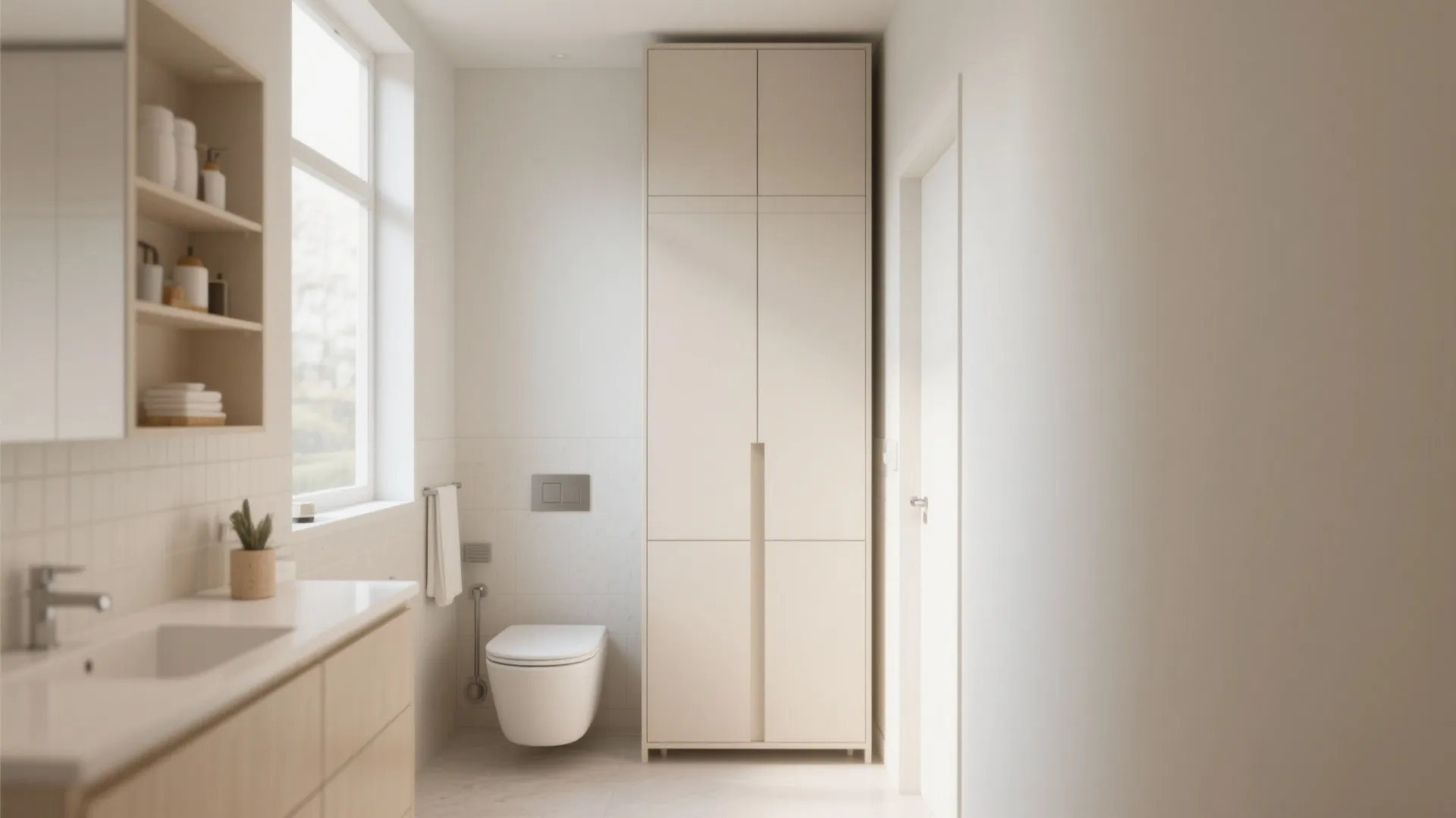 Modern bathroom with tall beige cabinet white toilet wooden vanity large window and bright natural lighting