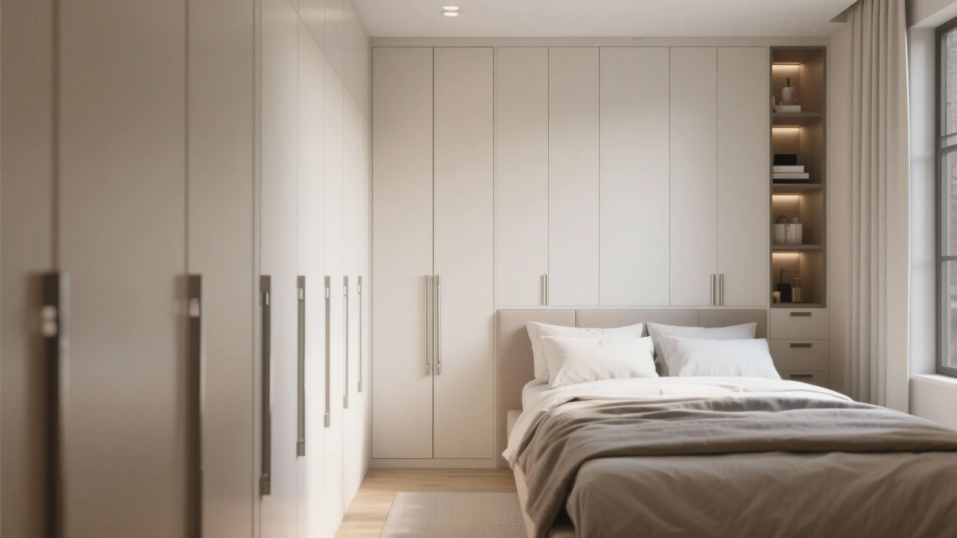 Modern minimalist bedroom with white built in cabinets behind bed with grey and white bedding