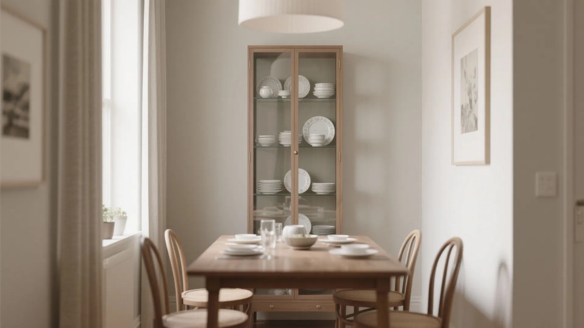 Dining area featuring wooden table with chairs and a tall glass cabinet for storing white plates