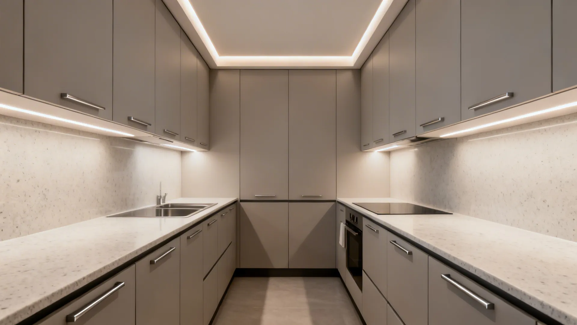 Full-height kitchen cabinets with slim profiles and a clean fascia below a POP ceiling.