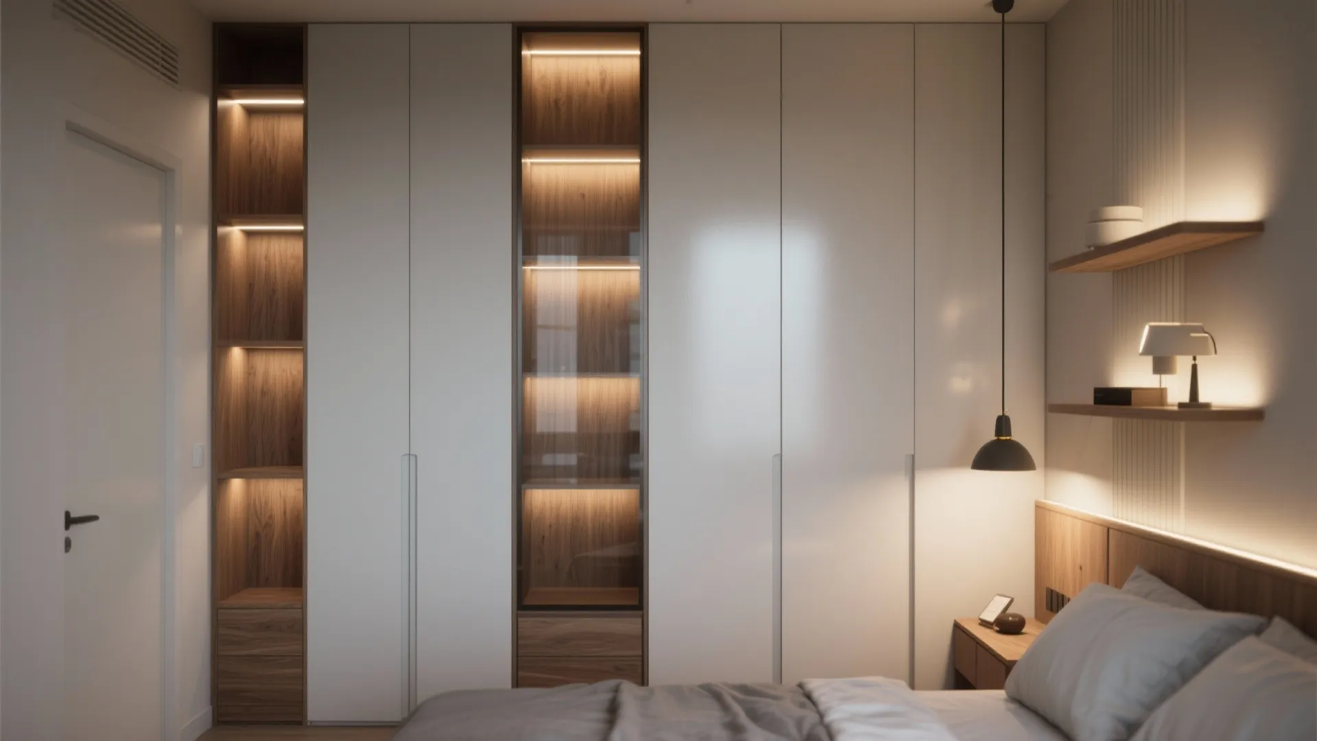 Tall slim wardrobe and layered lighting that make a small bedroom feel taller and brighter.