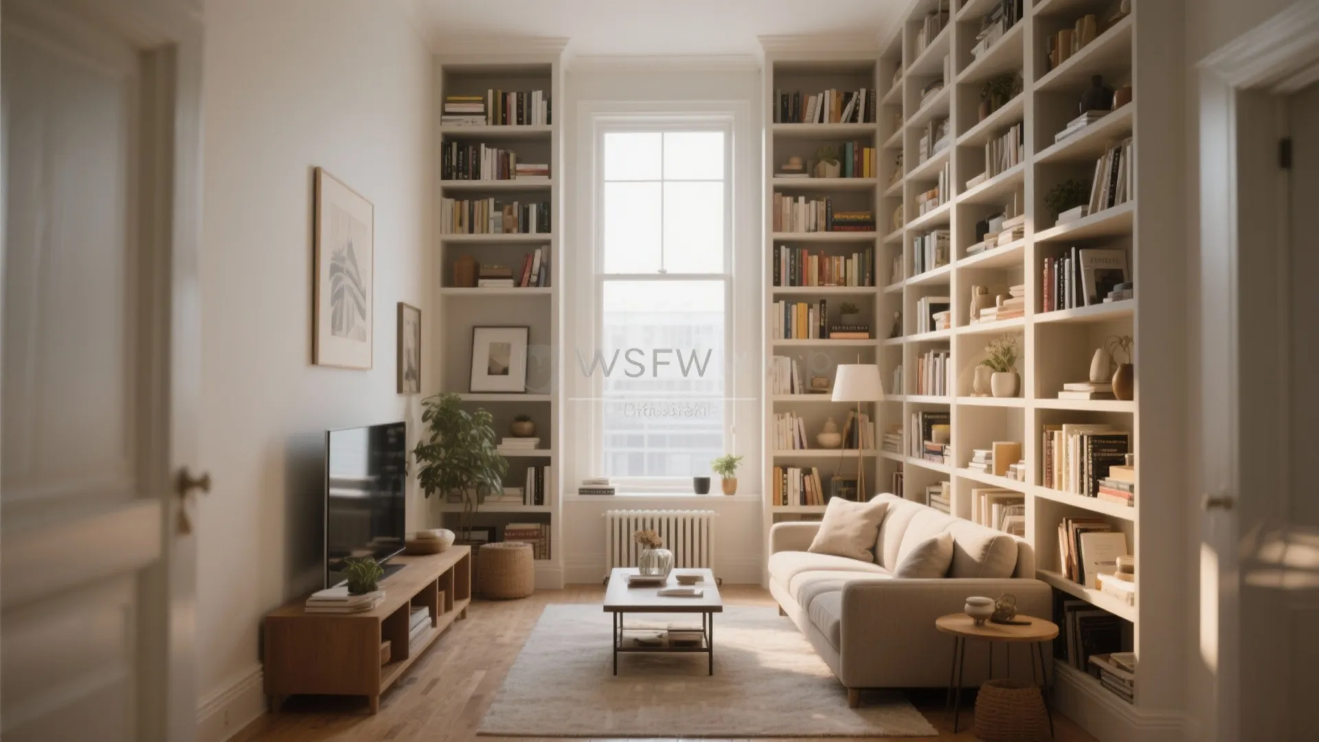 Living room with tall white bookshelves surrounding a window and a sofa on a rug