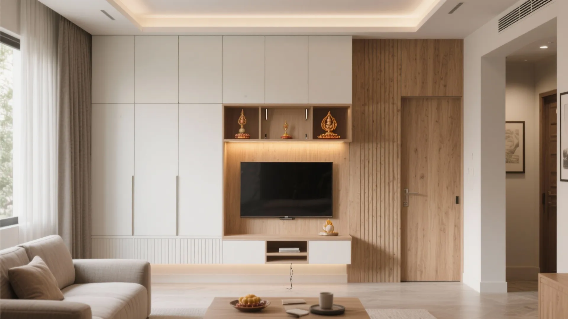 Tall storage wall with integrated shrine and concealed media