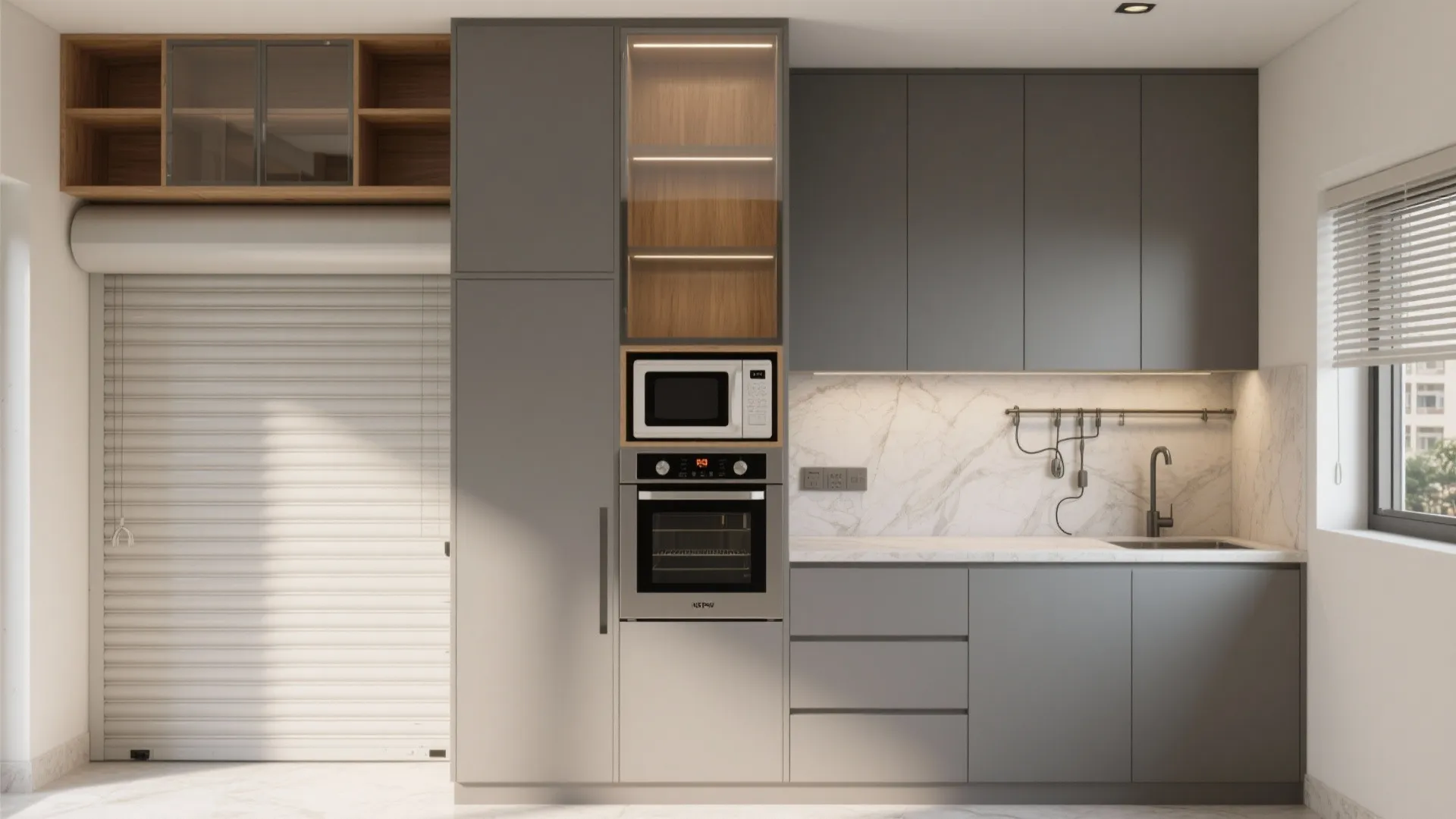 Grey kitchen cabinets with built-in microwave oven tall storage and white marble backsplash near window