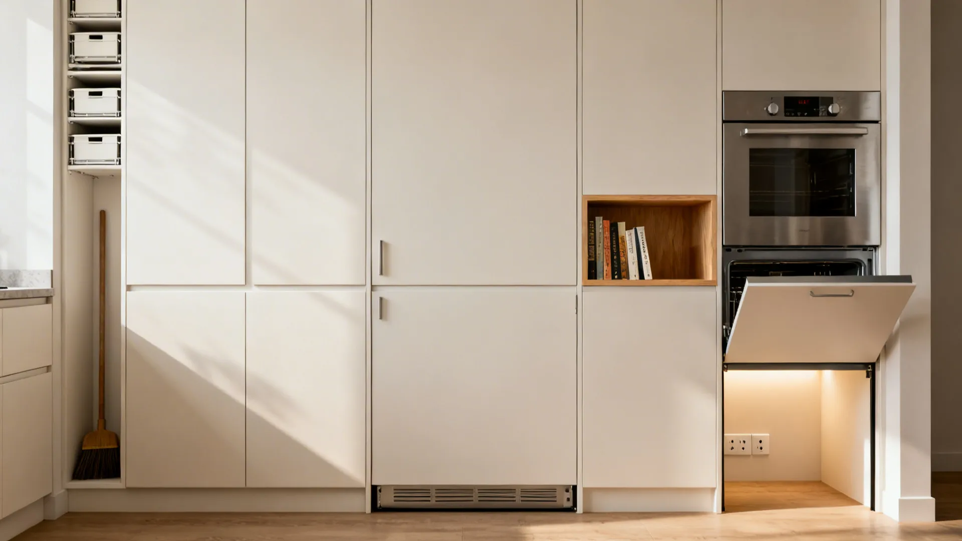 Full-height storage wall with pantry pull-outs and an appliance garage in a compact kitchen.