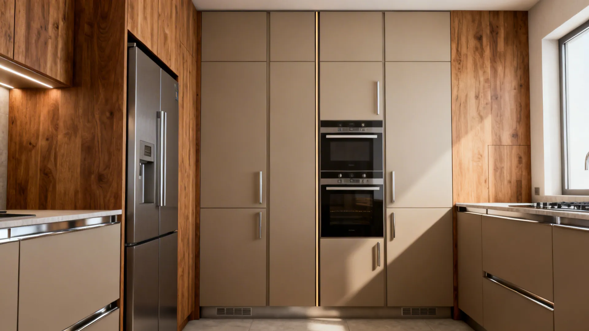 Modern kitchen with beige cabinets wood wall panels built in oven microwave and silver large fridge