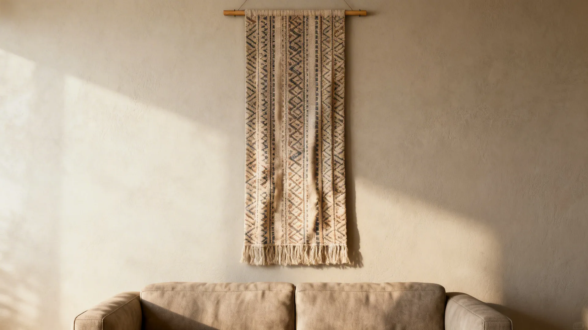 Handwoven tall tapestry with vertical pattern hung above a sofa to add warmth and scale.