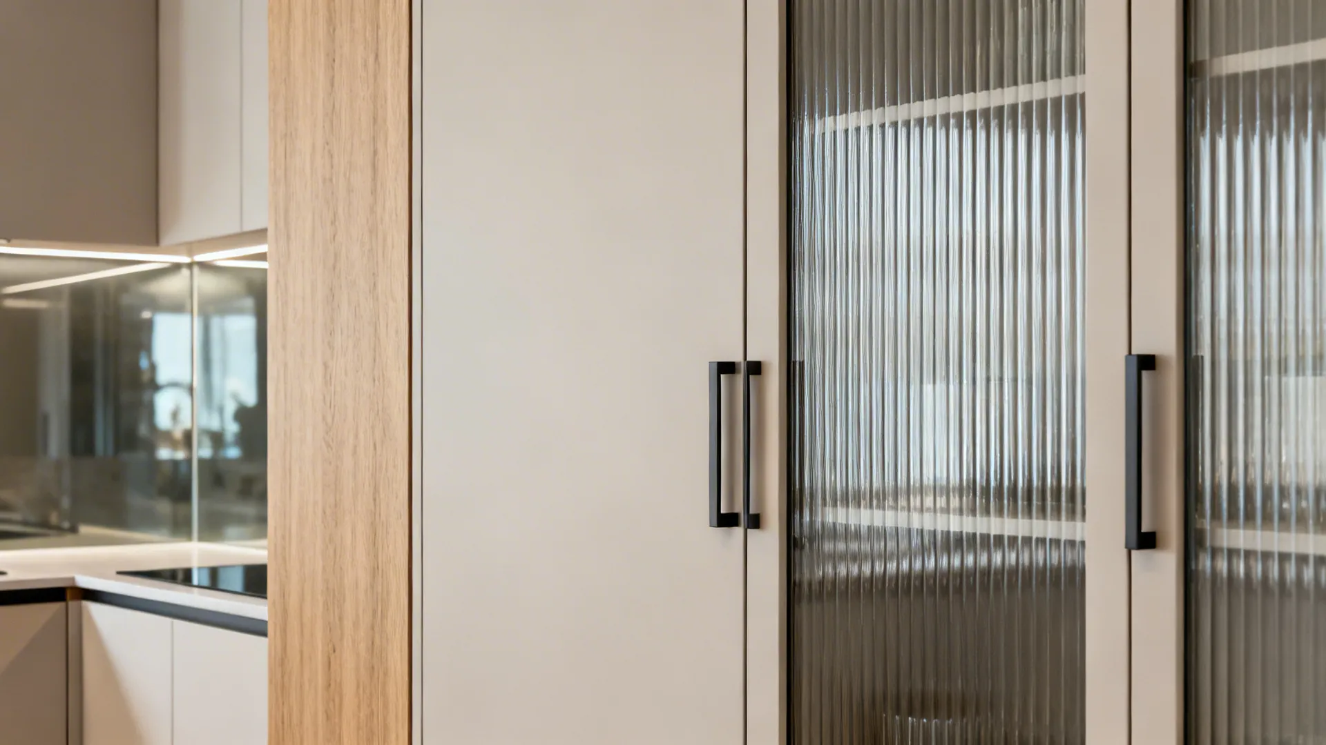 Macro of handleless tall pantry with soft-close hardware and fluted glass door.