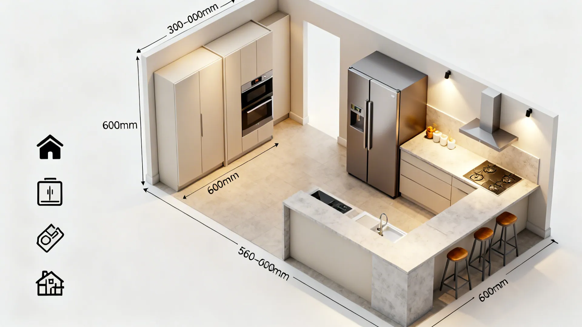 Top-down schematic comparing depths and widths of tall pantry, appliance tower, and integrated fridge.