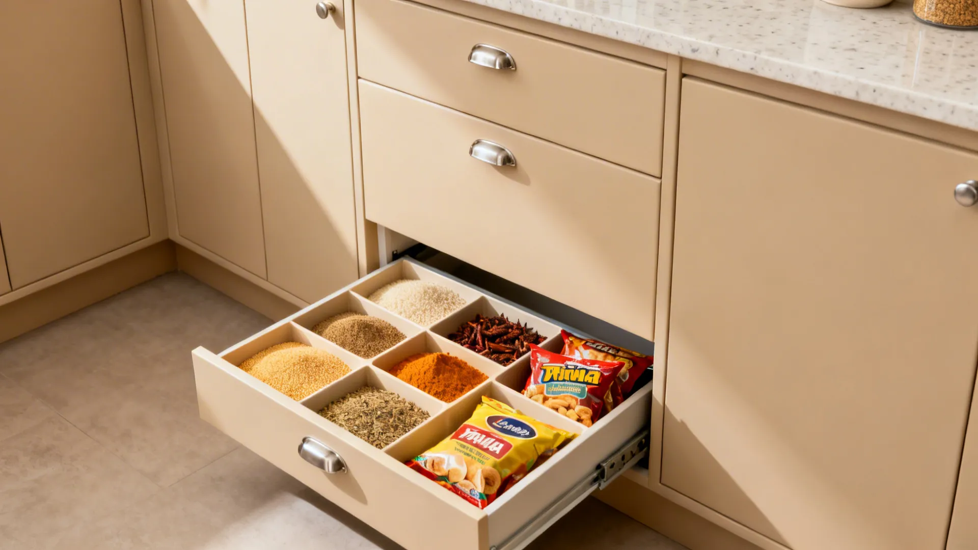 Open kitchen drawer with multiple small sections filled with different grains and bags of snacks