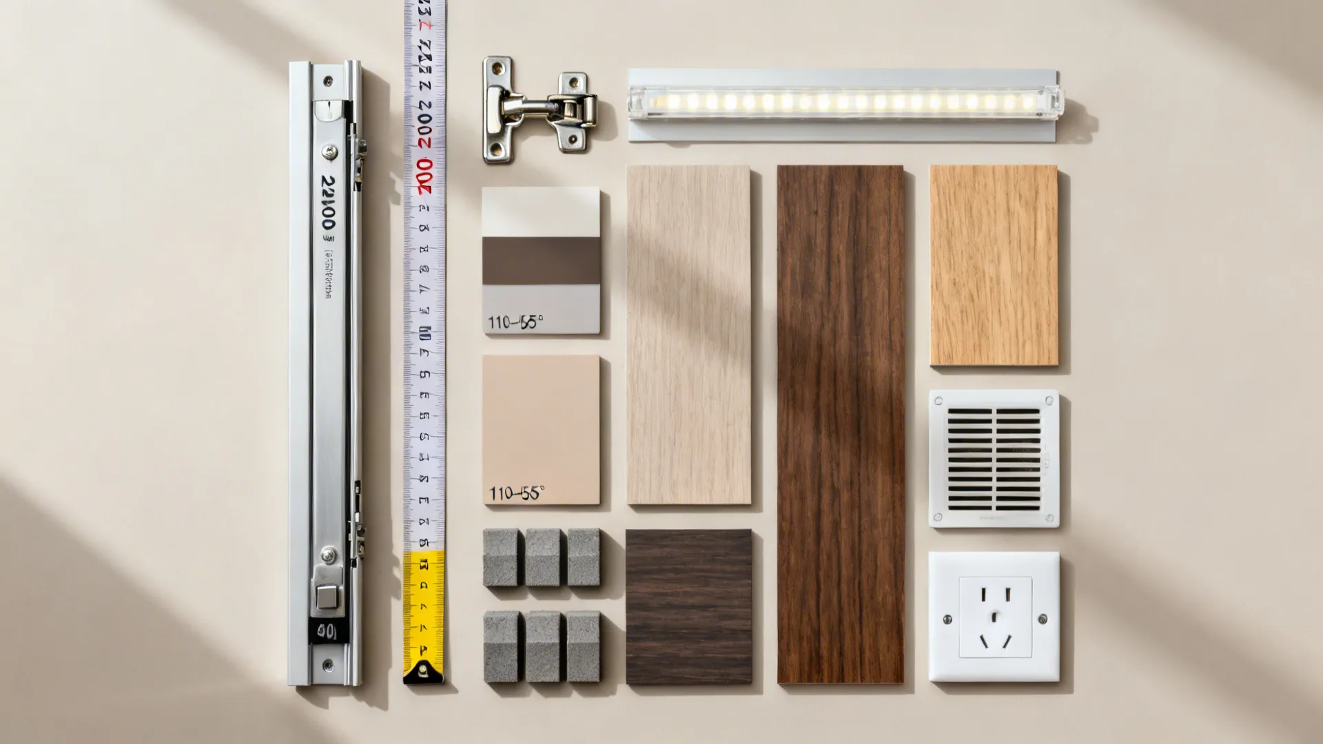Flat lay of hinges, heavy-duty slides, LED strip, swatches, and planning tools for tall units.