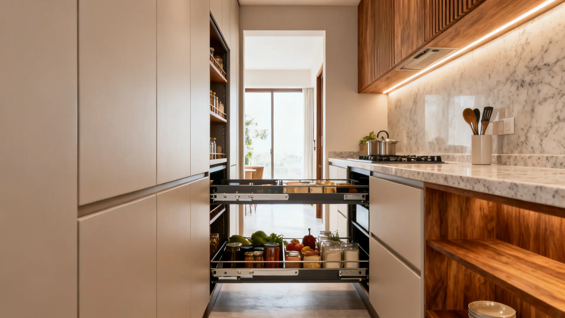 Narrow galley kitchen with slim tall unit and 600 mm pantry pull-out extended.