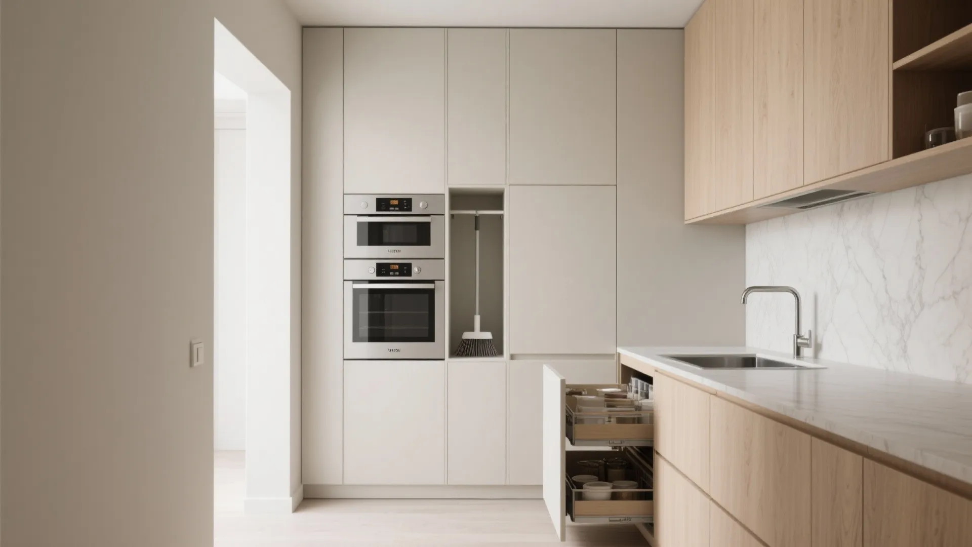 Minimalist Kitchen Storage With Tall Units