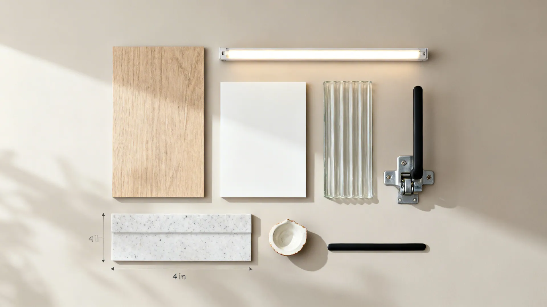 Flat lay of light oak, warm white, fluted glass, quartz, black hardware, and LED strip for a tall unit.