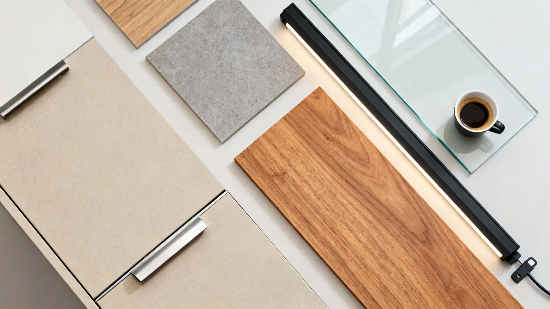 Flat lay of matte laminate, oak veneer, stainless trim, compact laminate, and glass backsplash samples.