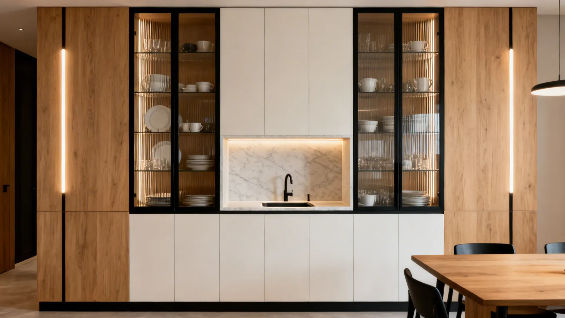 Full-height crockery cabinet in light oak with a central niche featuring a small wash basin and soft lighting.
