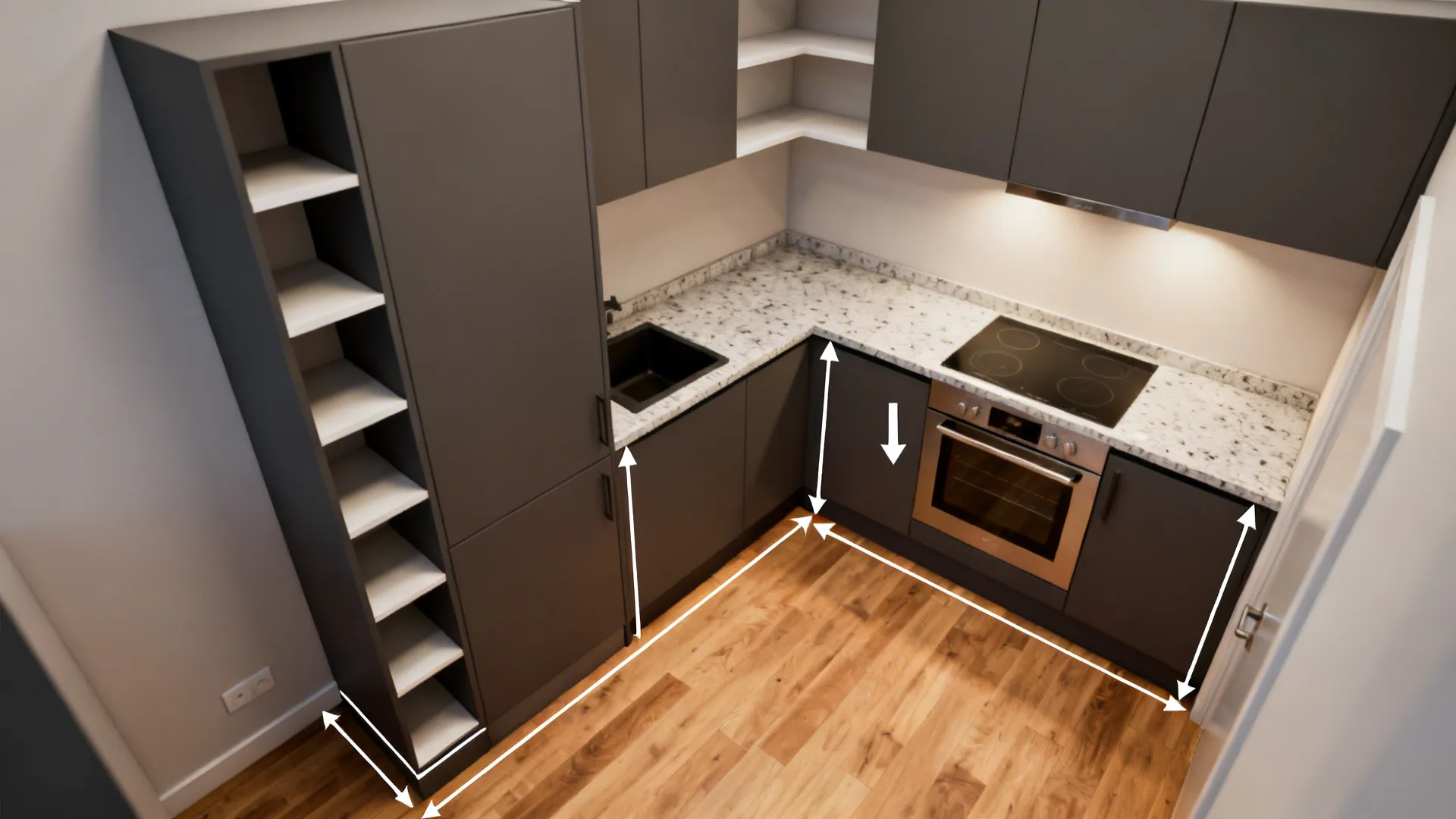 Top-down visualization of tall unit placement, ergonomic zones, and clearances in a compact kitchen.