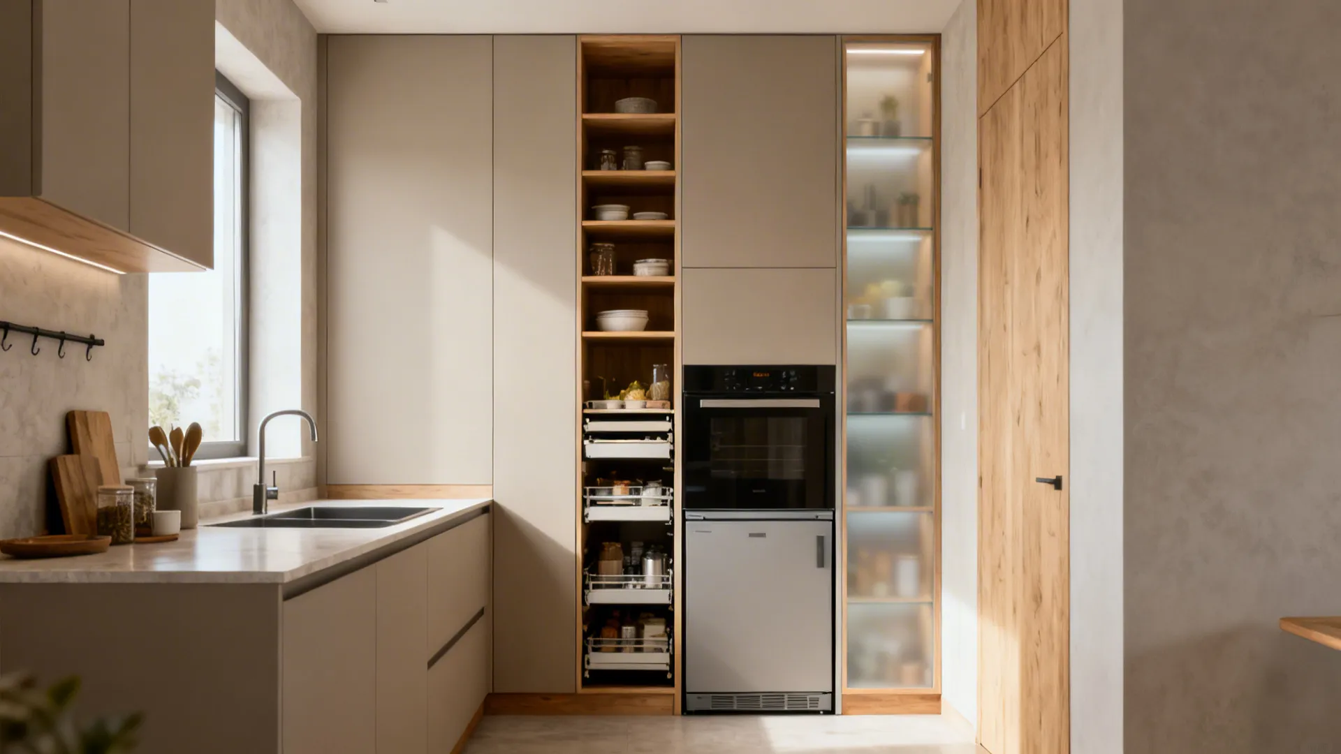 Compact kitchen corner showcasing cohesive tall units with pull-out pantry, appliance garage, and frosted display.