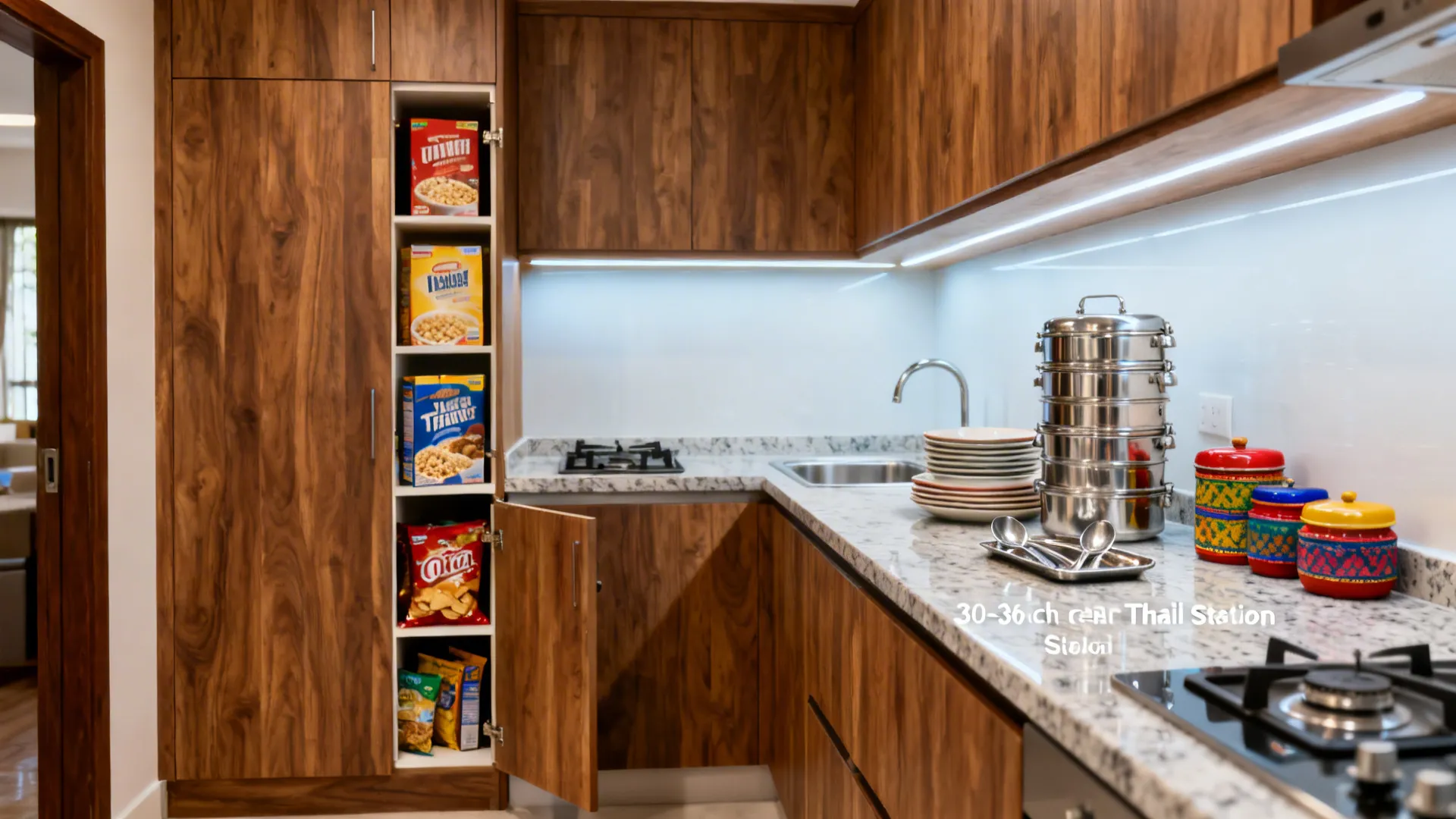 Tall pantry beside a clear counter thali station with tiffin boxes in a small Indian kitchen.