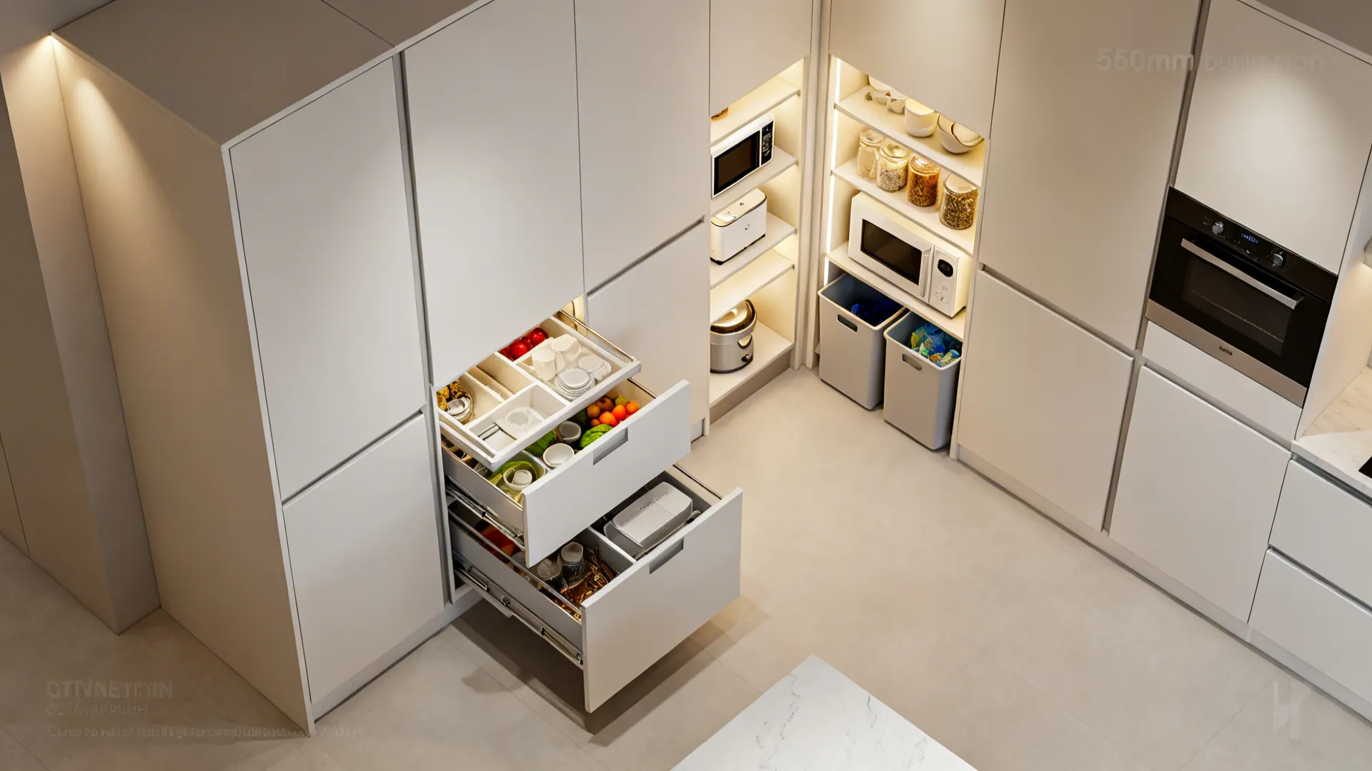 Top-down view of a compact kitchen with a 600mm pull-out larder in tall cupboards.