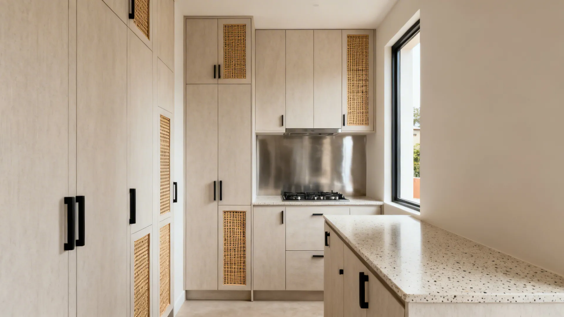Minimalist tall pantry with slim uppers and breathable slatted cabinet panels in a small kitchen.