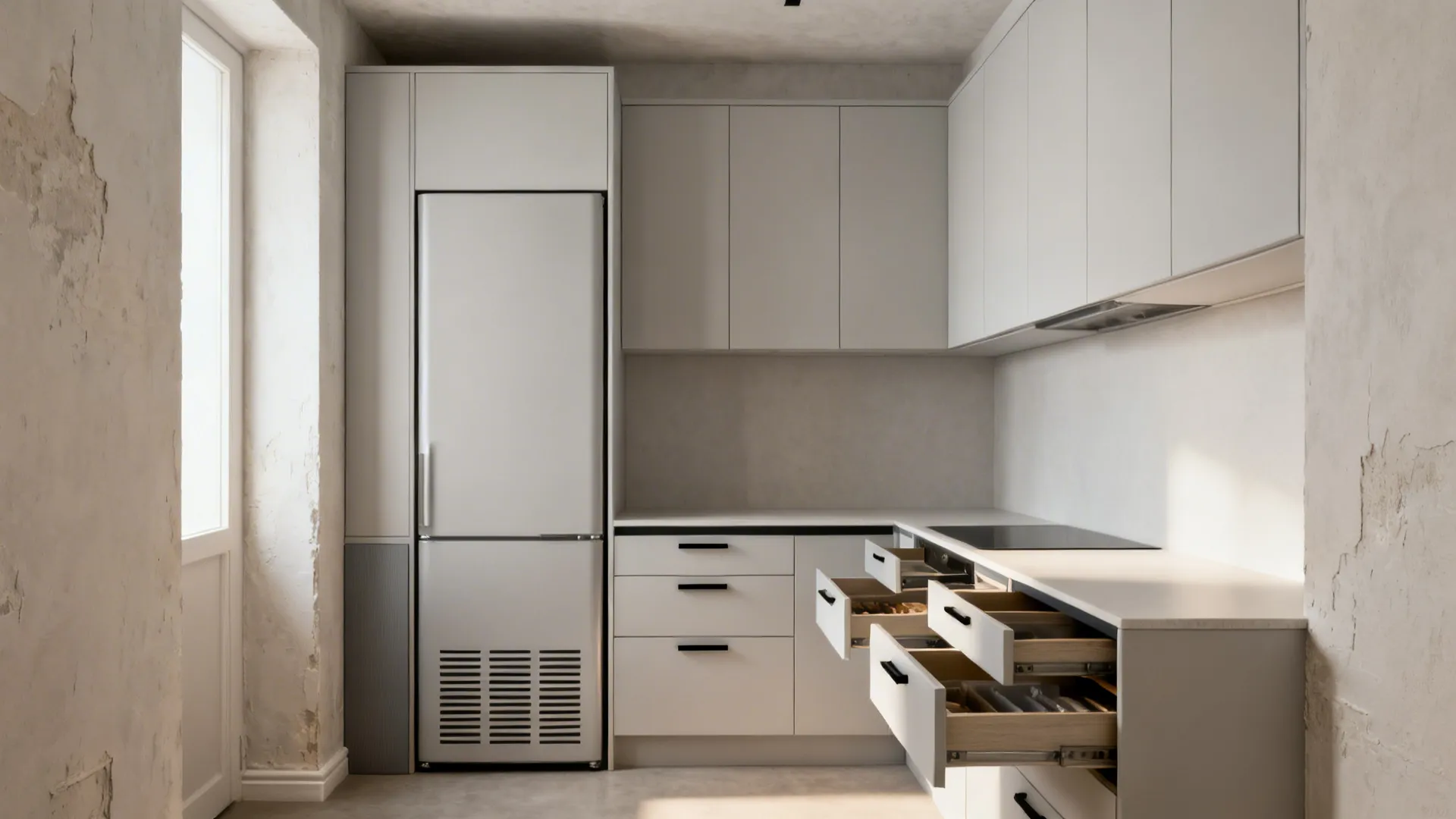 Minimalist white kitchen cabinets with open drawers, tall fridge unit, and clean white stone countertop