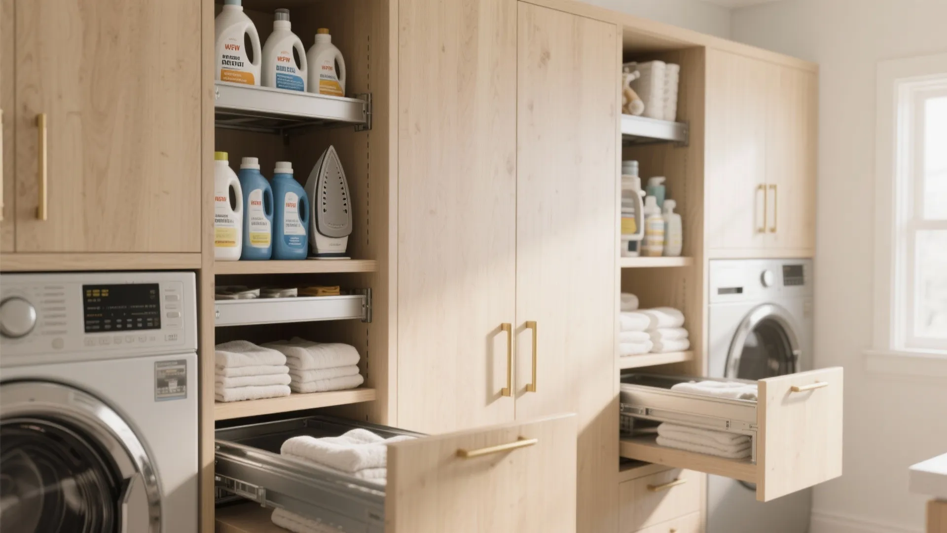 Wooden laundry room cabinets with washing machines detergent bottles white towels and pull out drawers