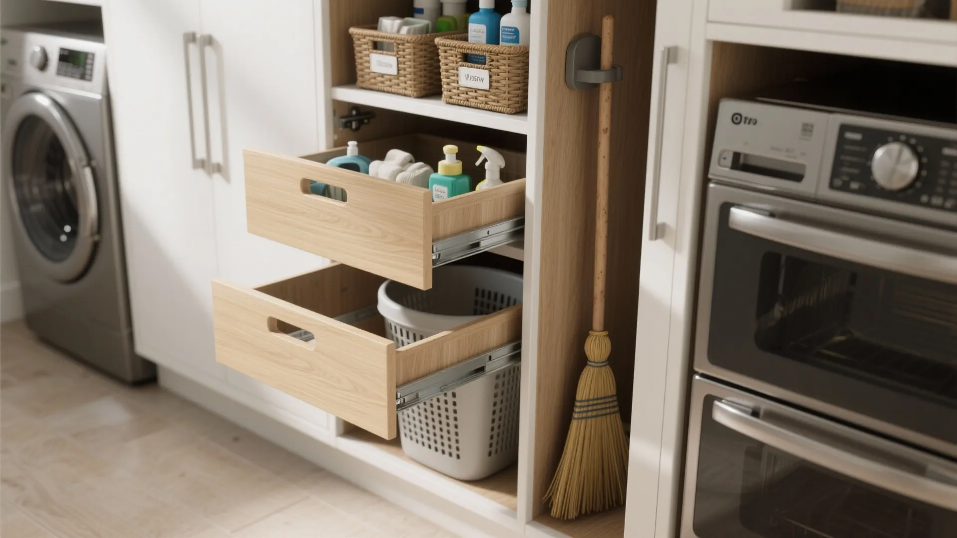 Organized utility room with open wooden drawers cleaning supplies storage baskets broom and washing machine