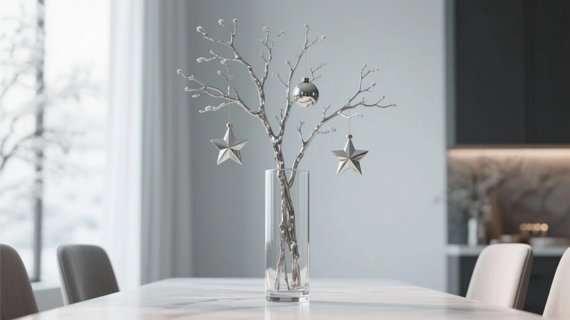 Tall vase with metallic winter branches and hanging stars