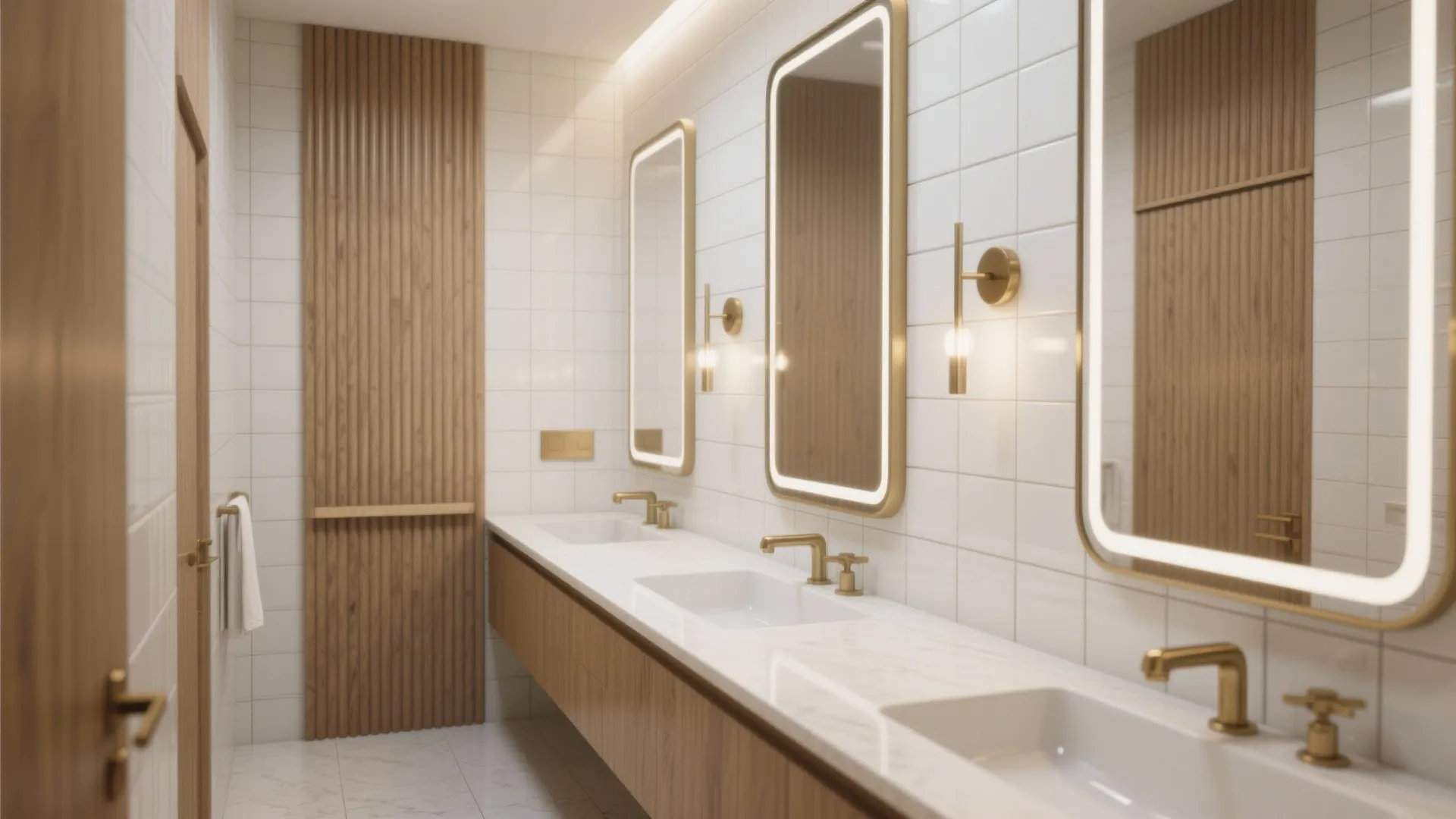 Modern bathroom with double white sinks golden faucets wood wall panel and three glowing mirrors
