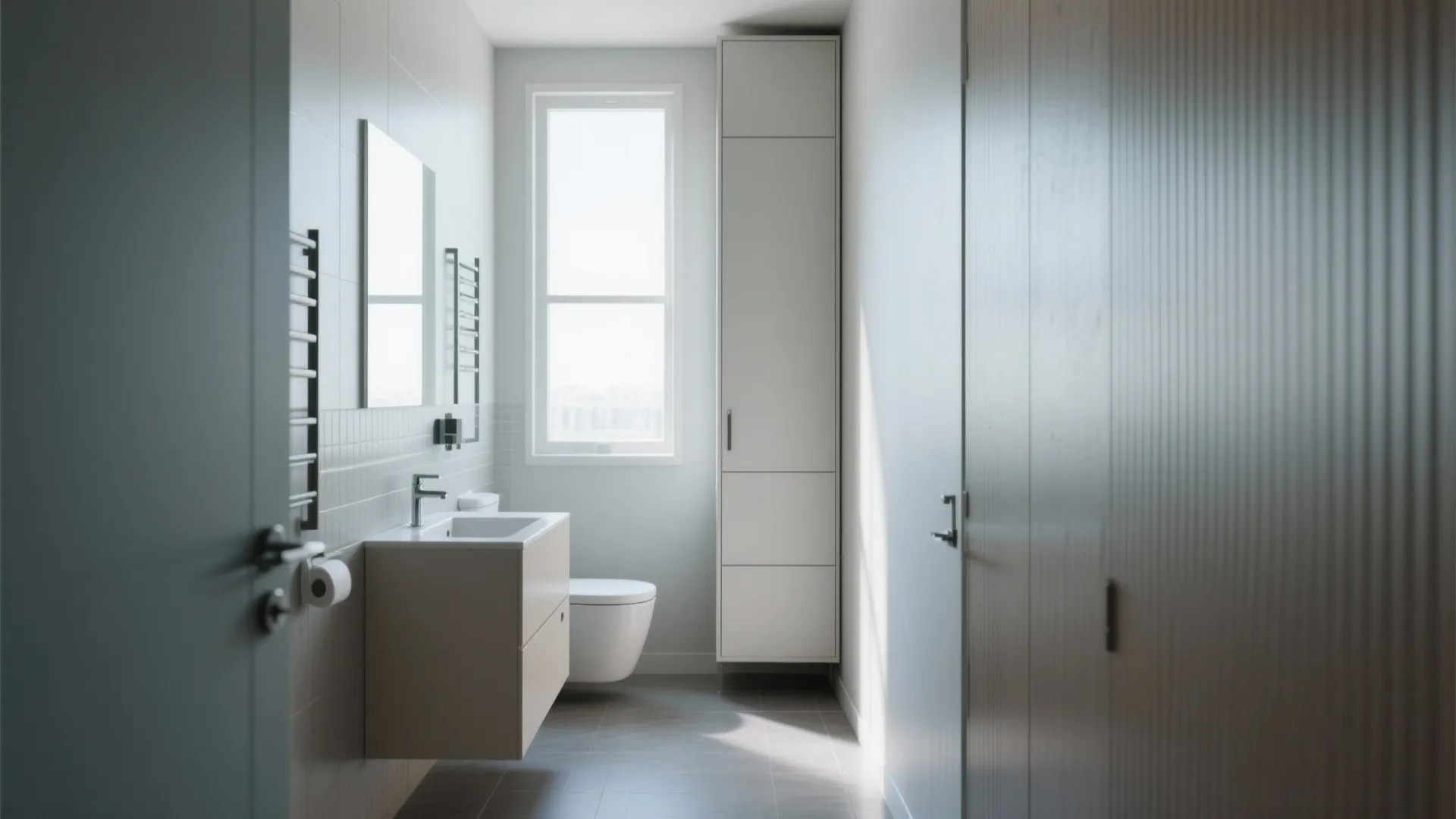Modern minimal bathroom with tall white storage cabinet toilet small sink mirror and natural window light
