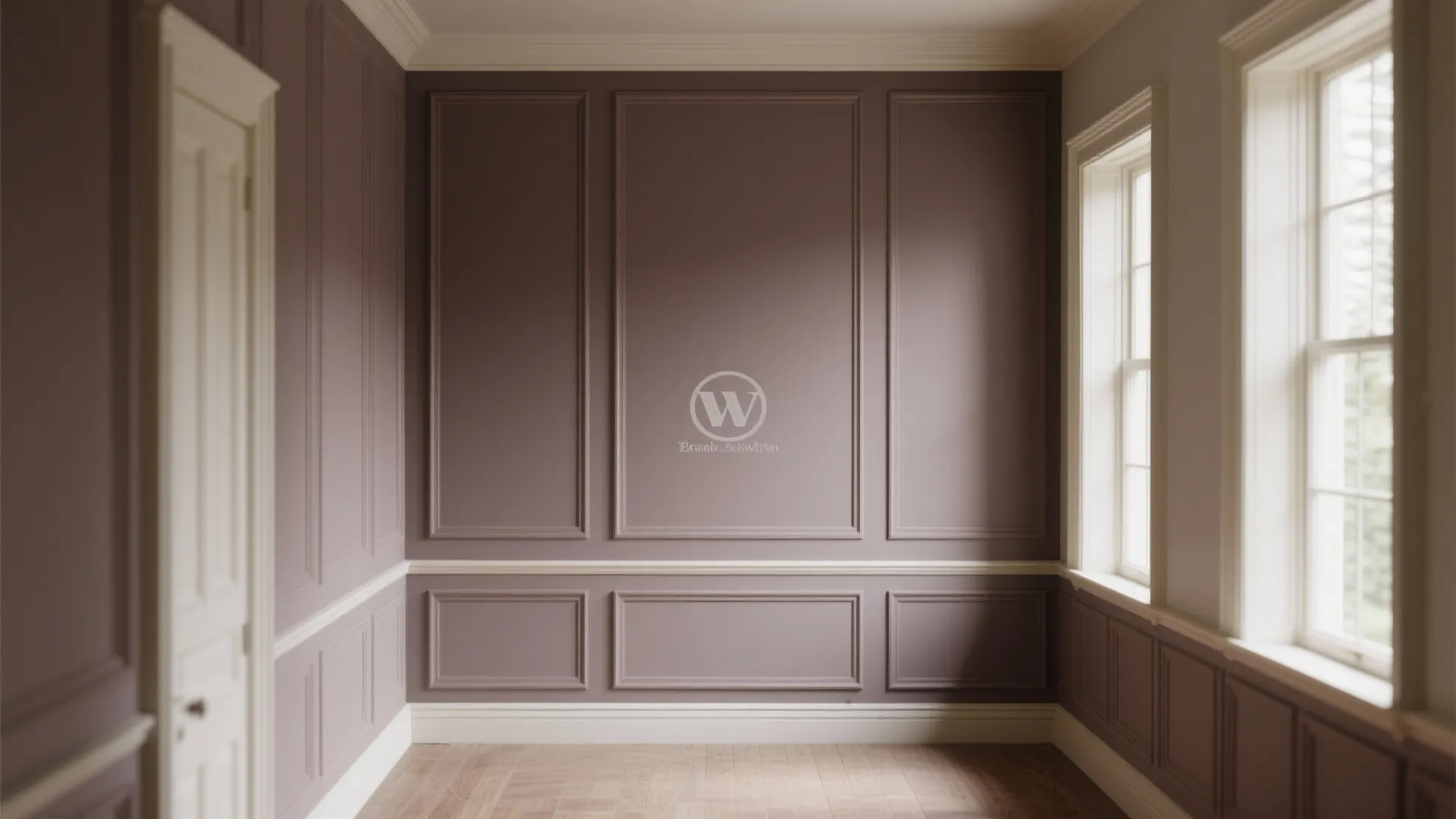 Classic empty room with purple wall panel design wooden floor white door and large bright windows