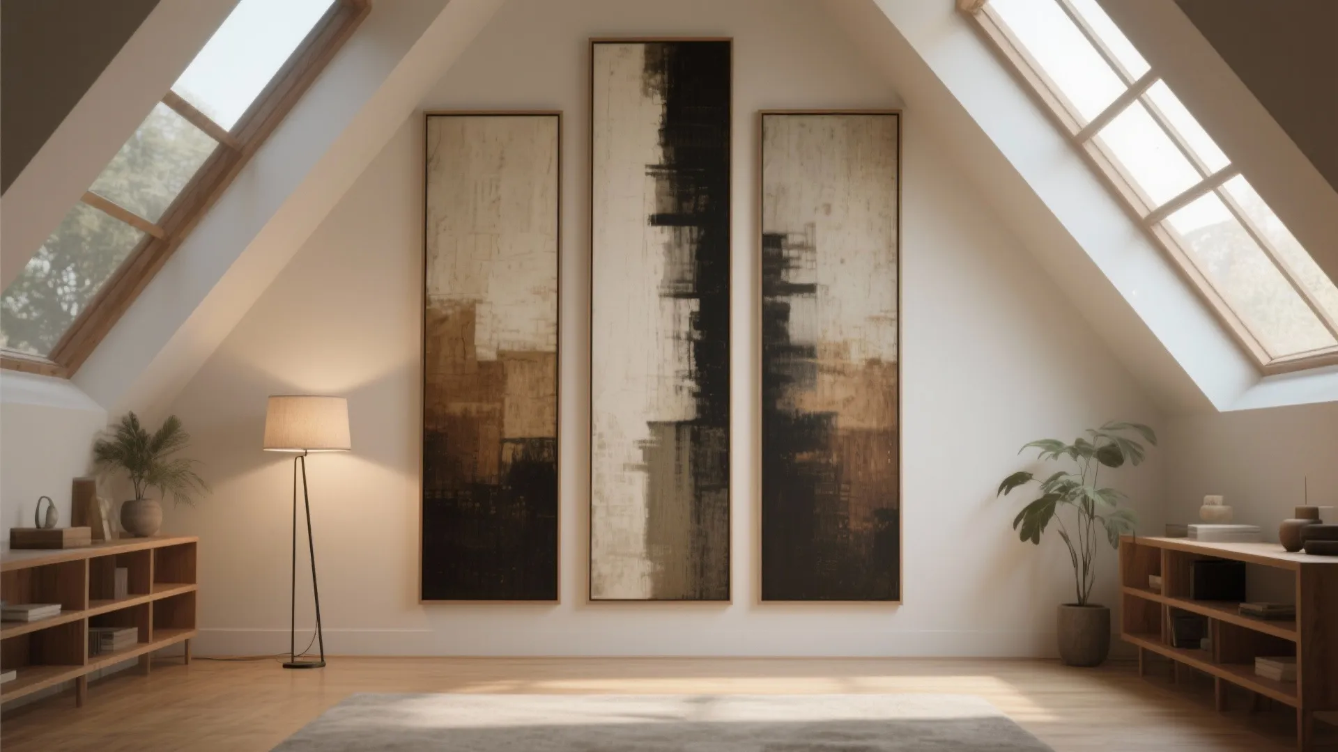 Three tall vertical abstract paintings on a white wall under a slanted ceiling with windows
