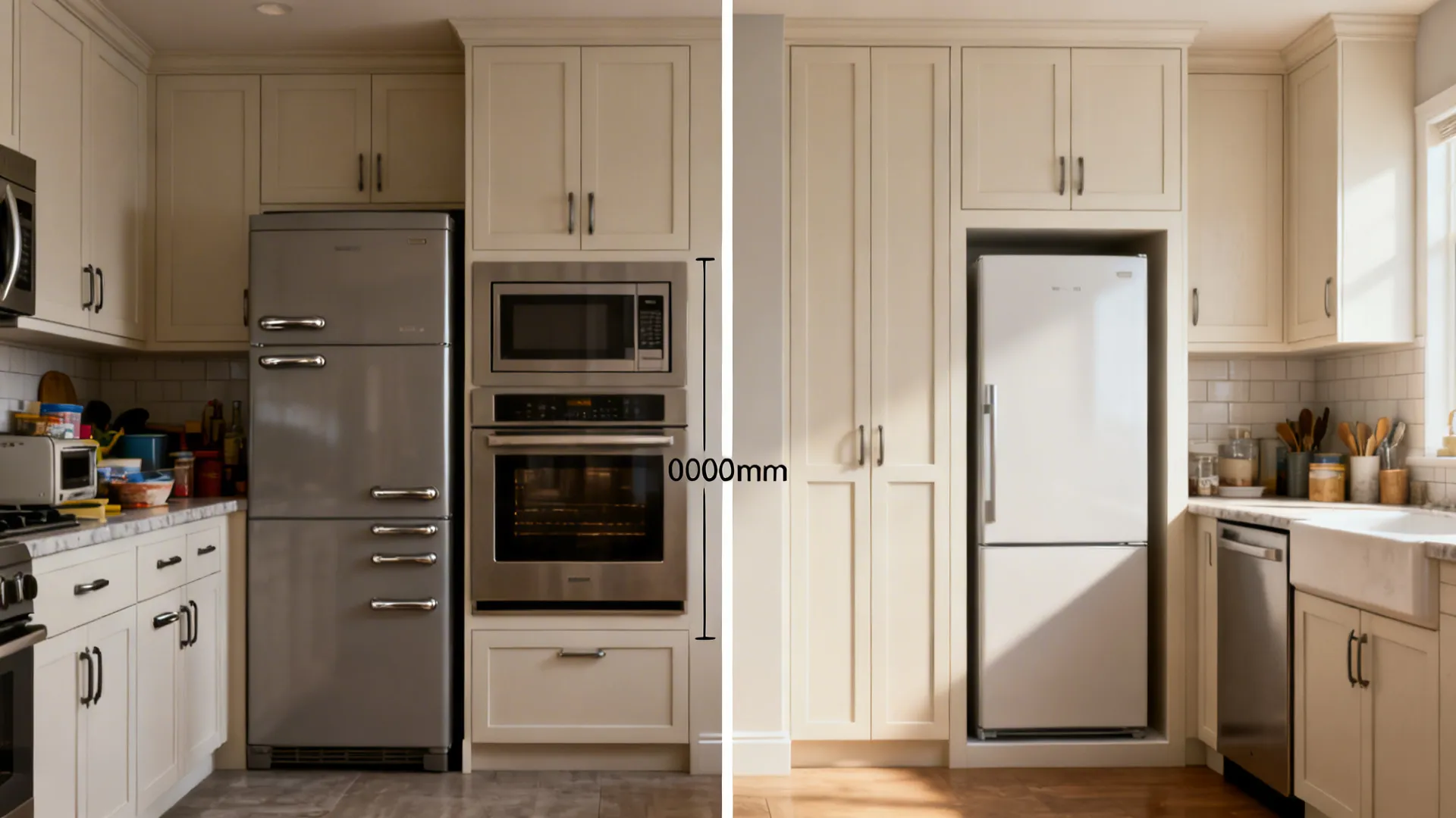 Before and after comparison of kitchen cabinets showing old silver fridge and new white fridge layout