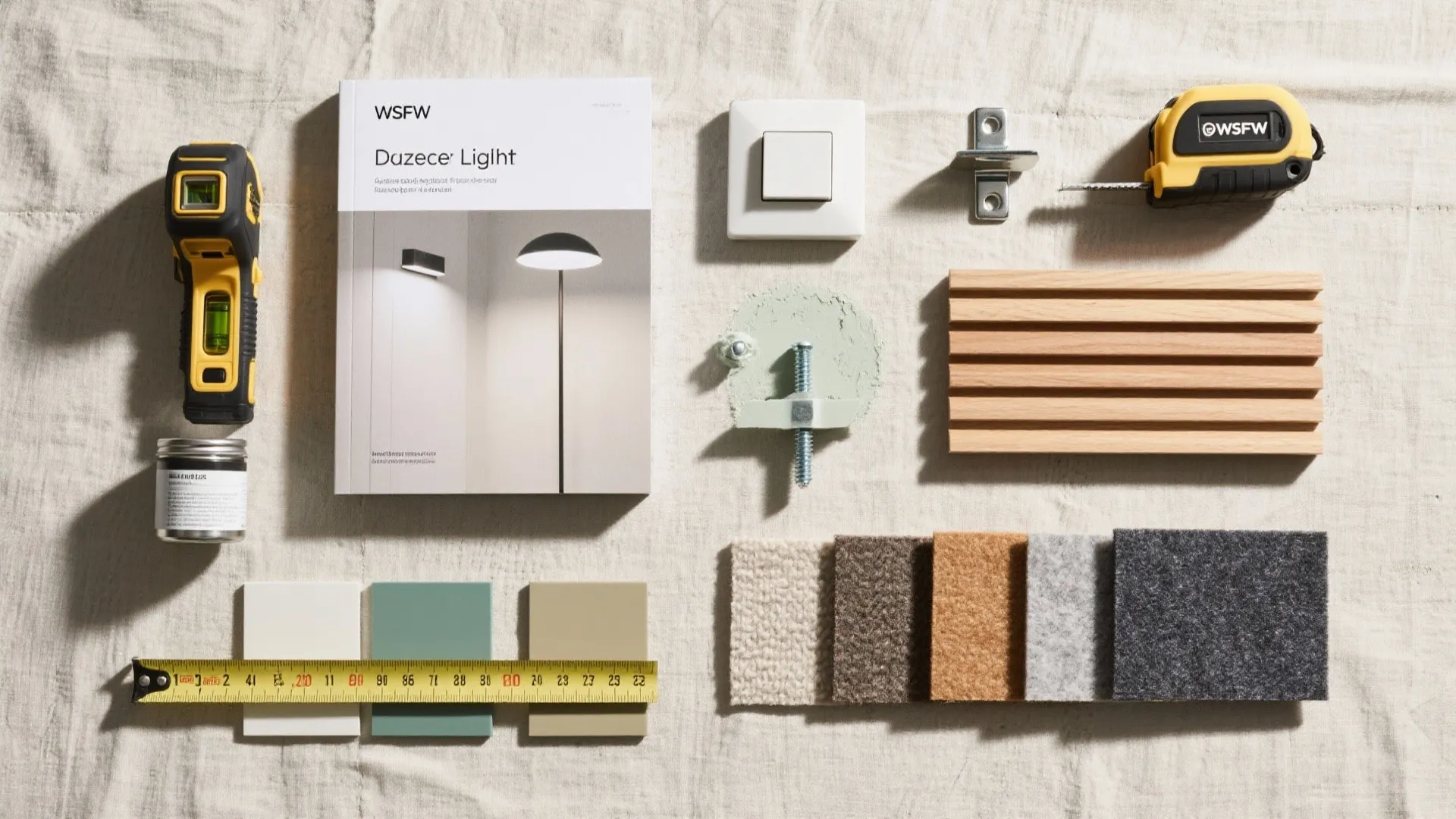 Home design mood board with light book color samples wood panels tools and measuring tape flatlay