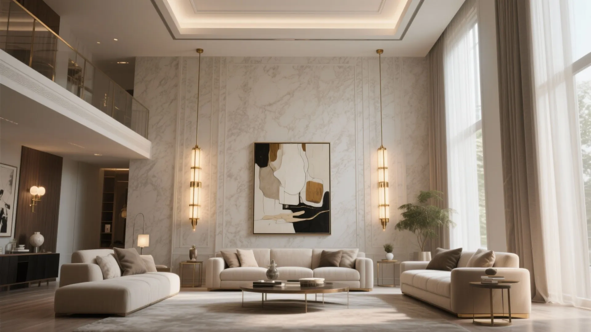 Modern living room with marble wall panel, abstract art, long hanging ceiling lights, and cream sofas