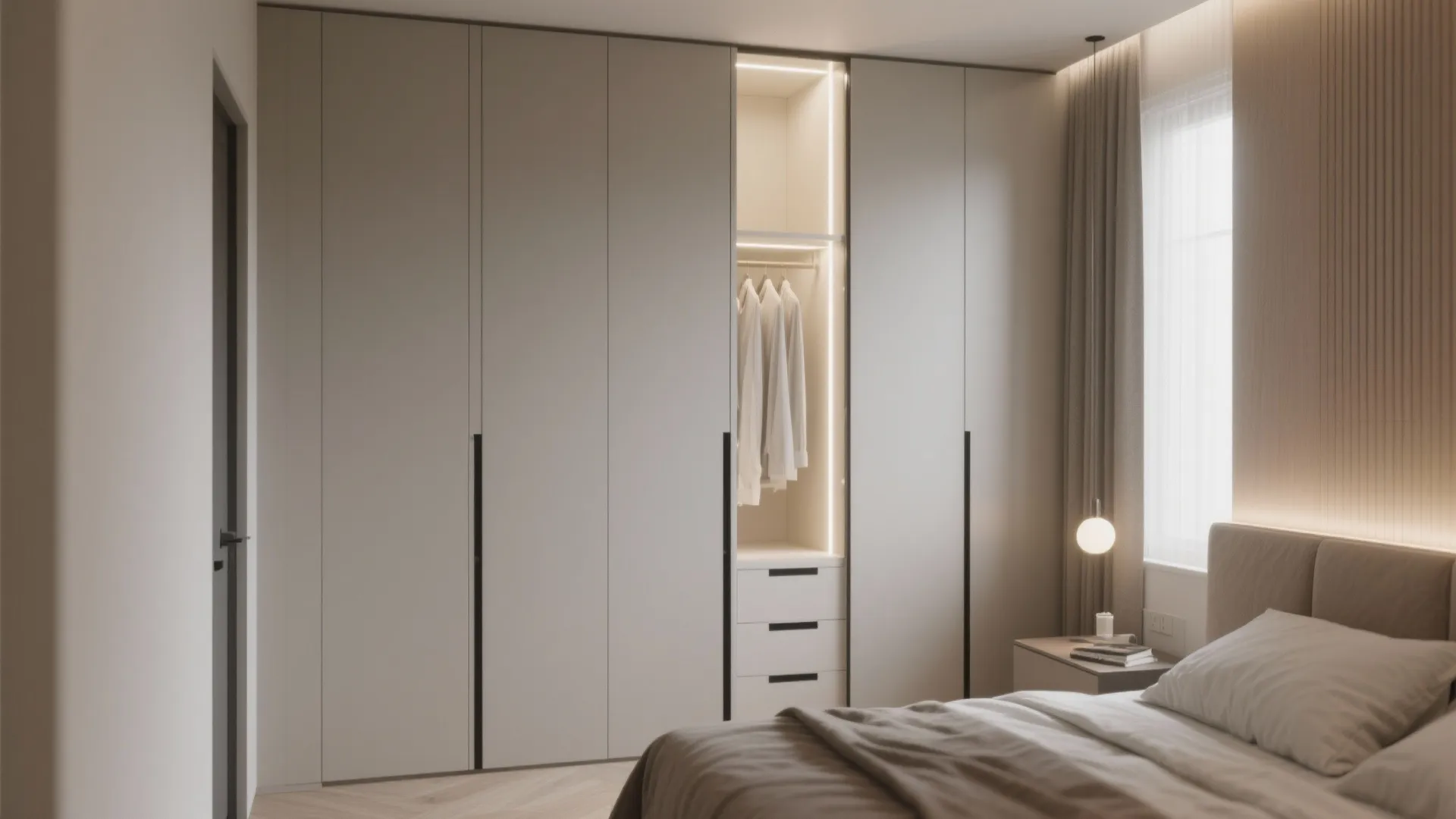 Modern tall beige closet with built-in light fixture and white shirts hanging inside a bedroom