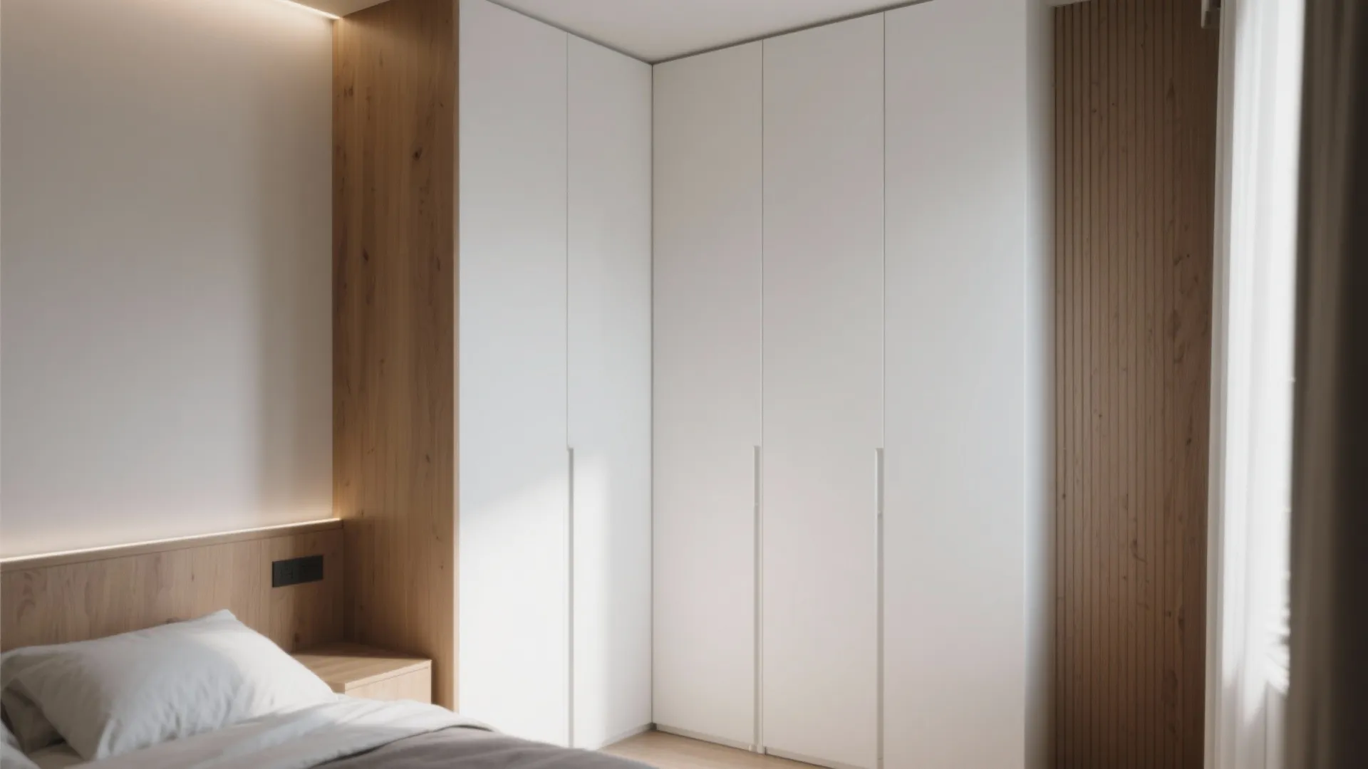 Modern white corner cabinet in a bedroom with wooden wall panels and natural window light
