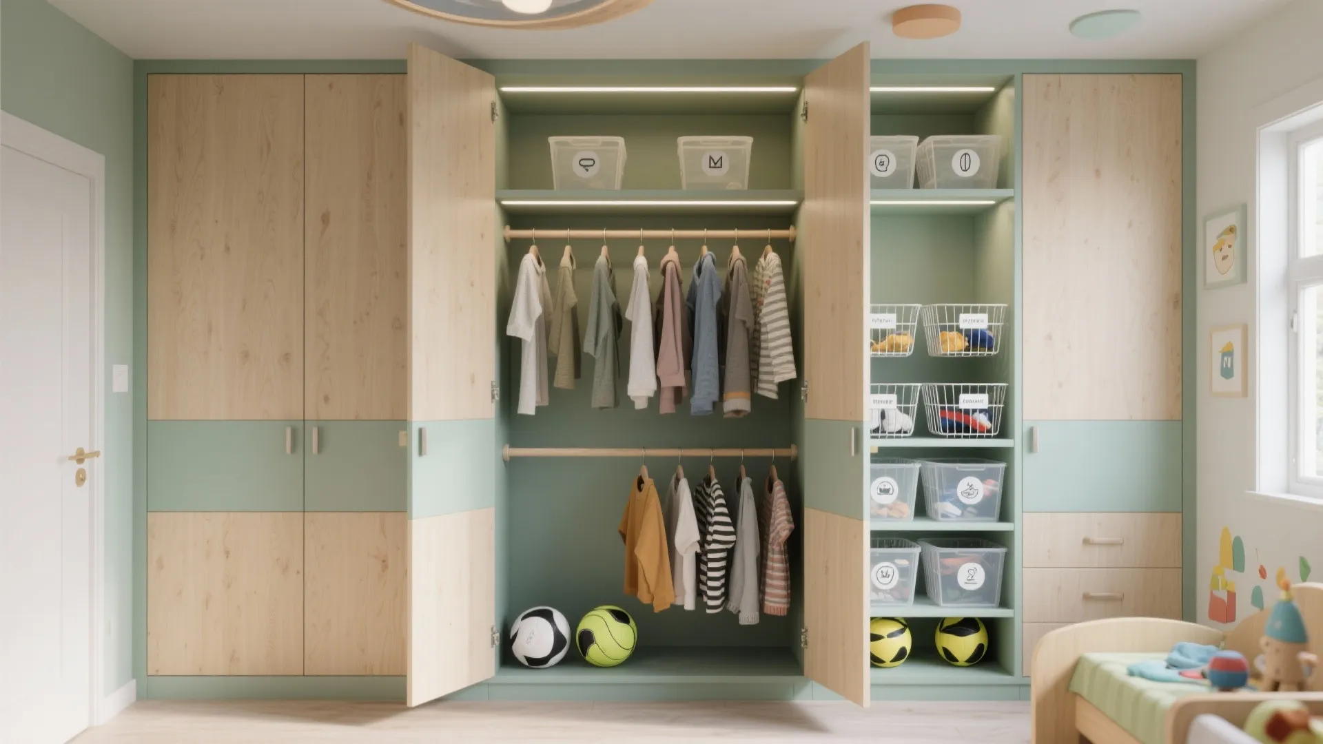 Large green and wood cabinet with open doors showing hanging clothes and organized storage boxes