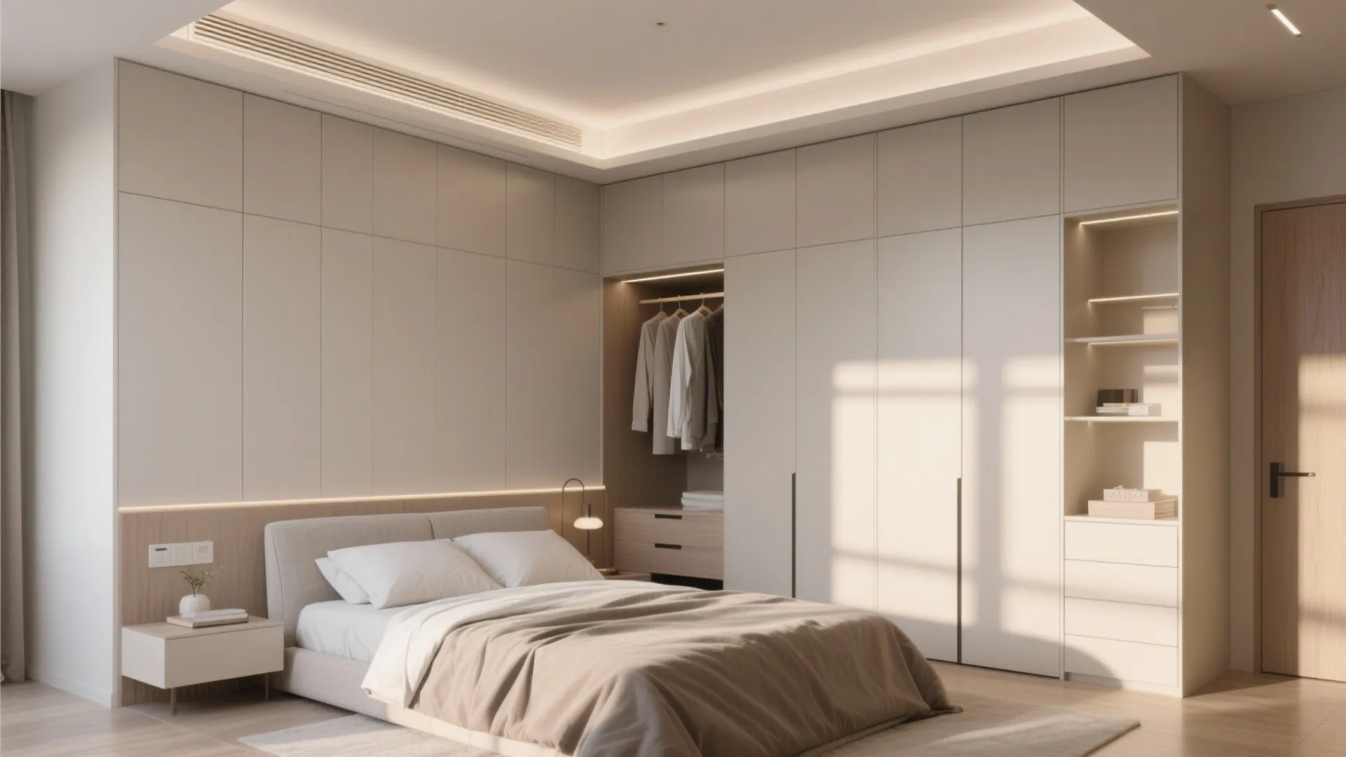 Modern bedroom with cream bed and tall floor to ceiling storage cabinet with integrated warm lighting