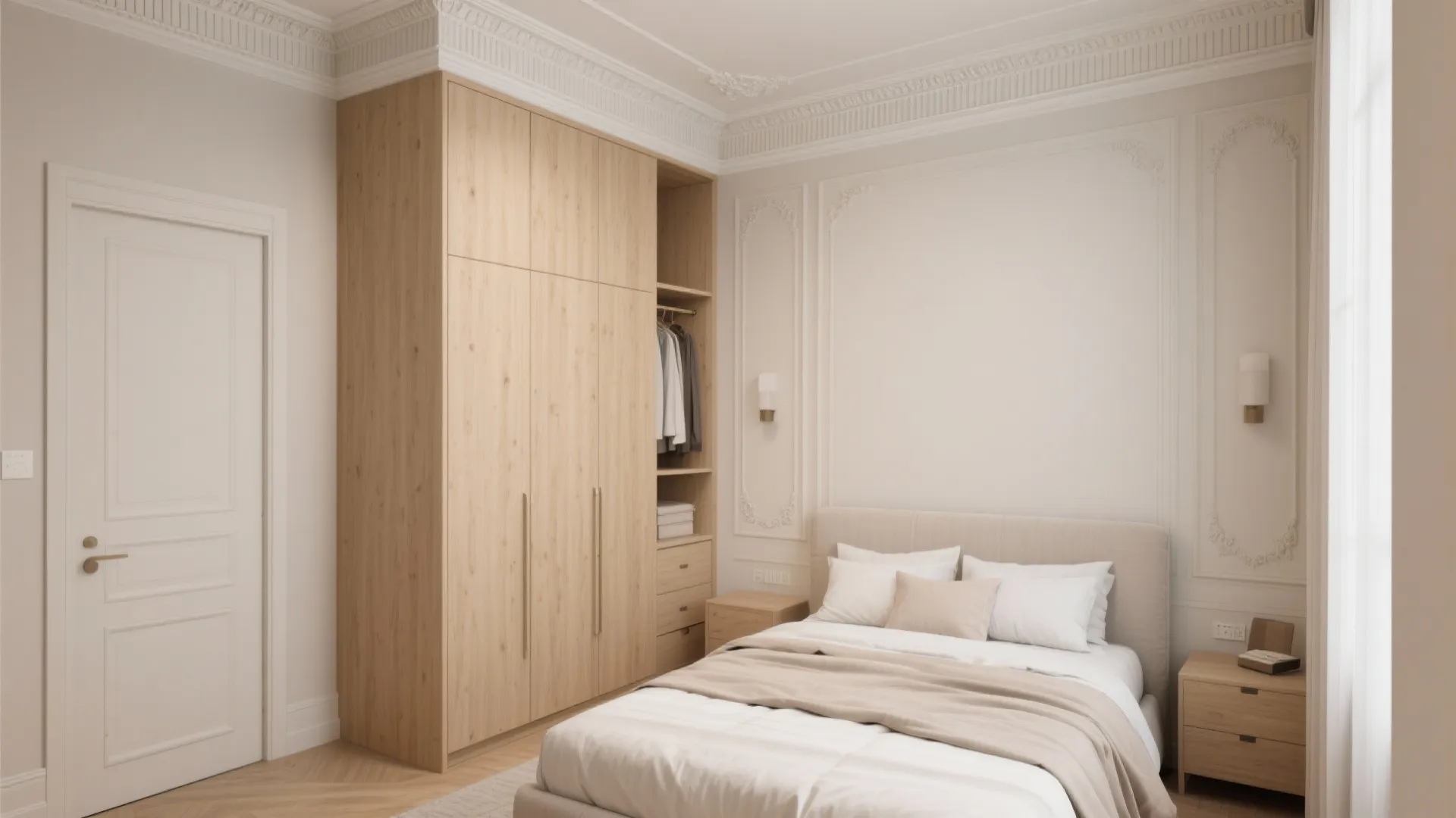 Modern bedroom with a large wooden closet white bed wall panel design and side table