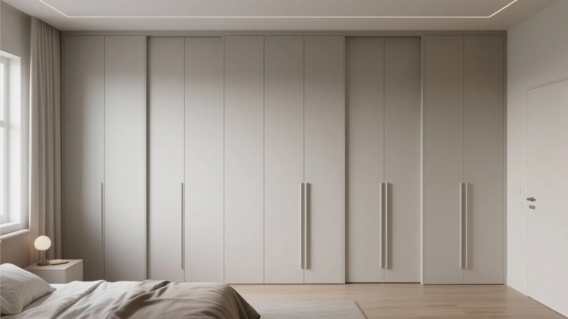 Matte floor-to-ceiling sliding wardrobes creating a streamlined wall in a small bedroom.