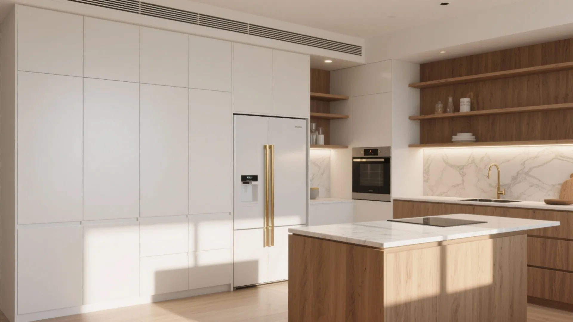 Modern kitchen with tall white cabinets, wooden island, marble countertop, white refrigerator, and open shelves.