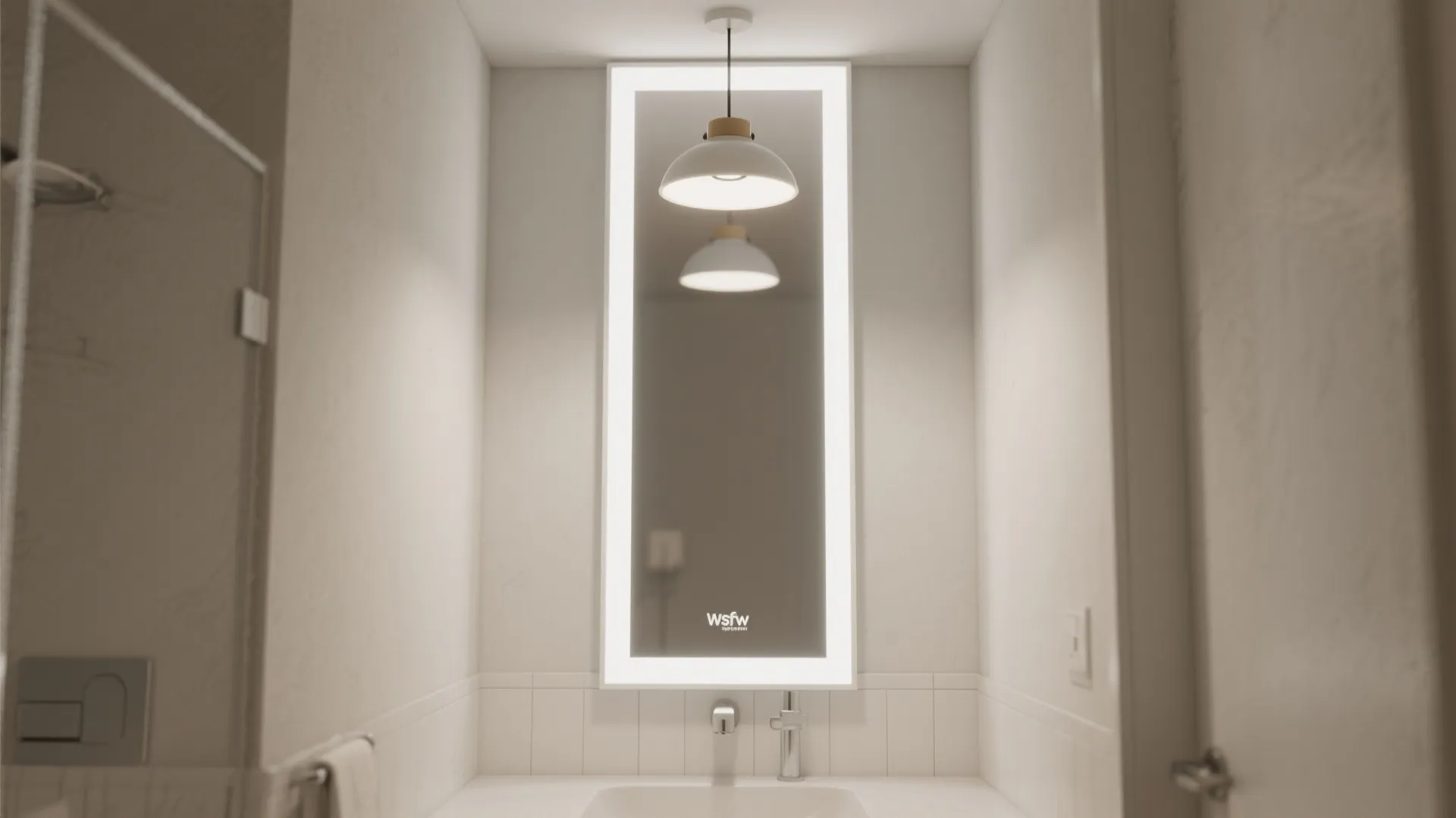Tall narrow white-framed mirror above a slim vanity creating perceived ceiling height in a small bathroom.