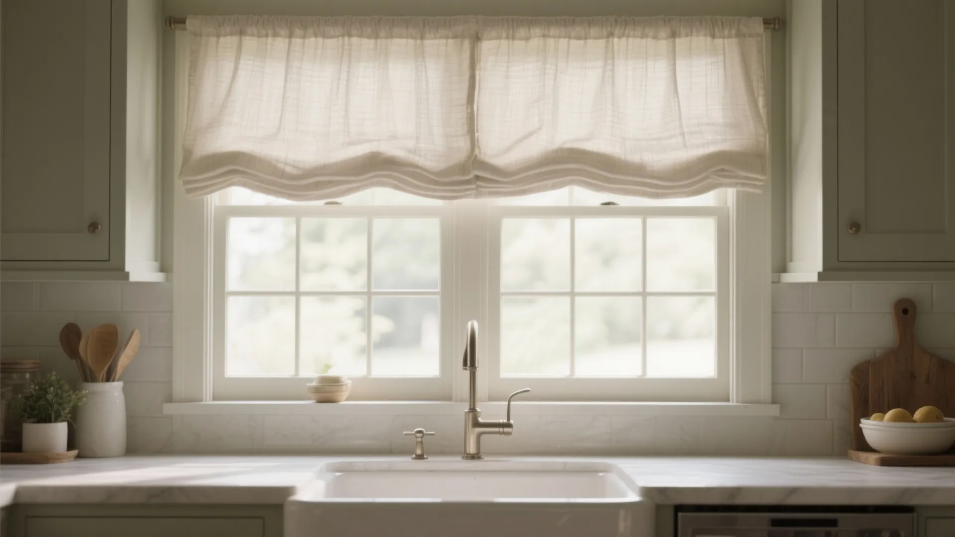 Kitchen sink with tall airy linen shade over window