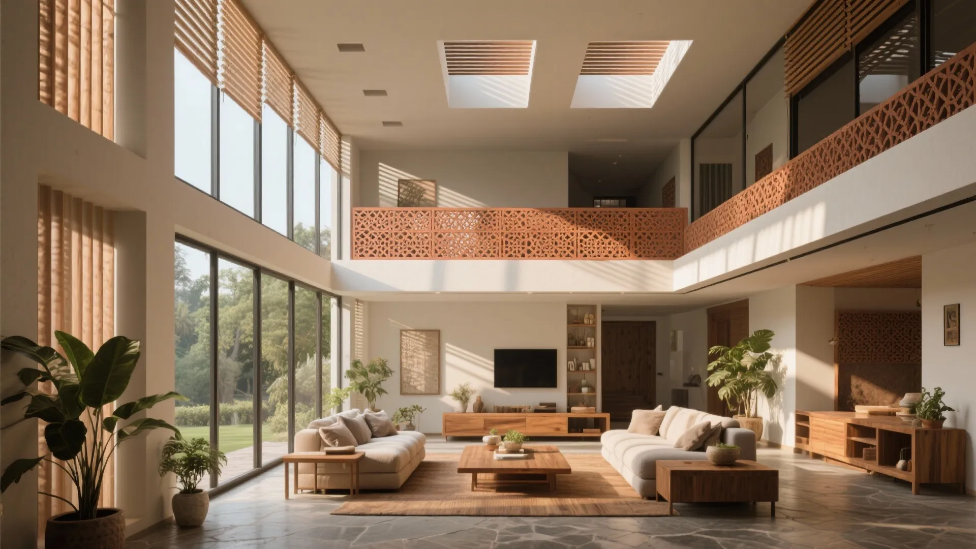 Modern double height living room with large glass windows wooden furniture white sofas and indoor plants