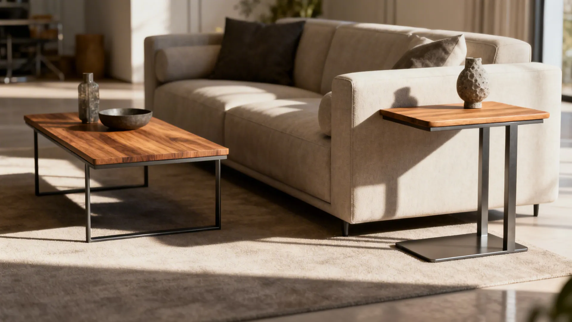 Mid-height coffee table and taller side table aligned with sofa arm in a modern living room